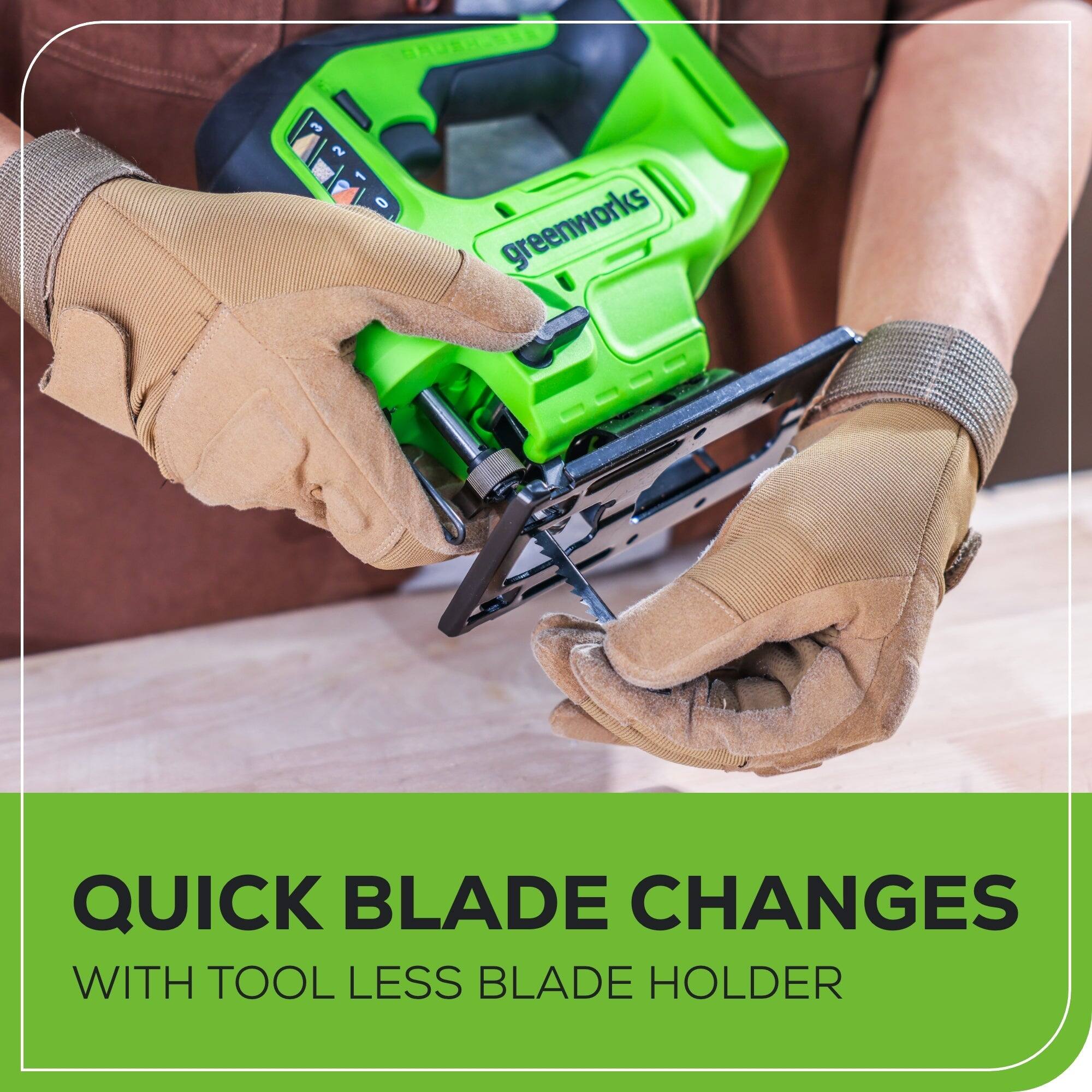 MAUSASAR e 2 1 0 greenworks QUICK BLADE CHANGES WITH TOOL LESS BLADE HOLDER
