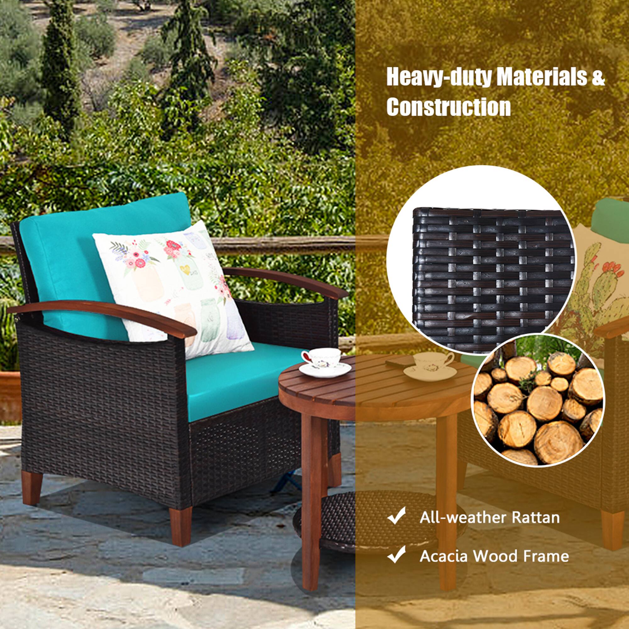 Heavy-duty Materials & Construction

- All-weather Rattan
- Acacia Wood Frame