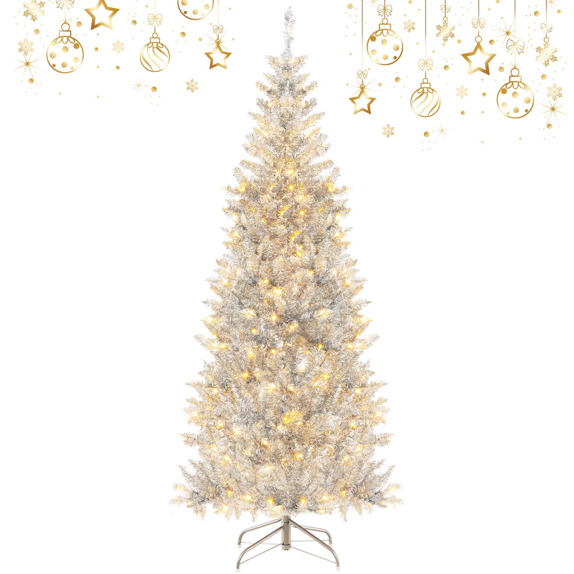 Front. Costway - 6FT Pre-lit Artificial Tinsel Xmas Tree with 790 Branch Tips 300 LED Lights - Silver.