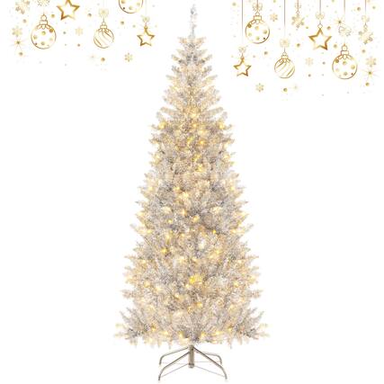 Front. Costway - 6FT Pre-lit Artificial Tinsel Xmas Tree with 790 Branch Tips 300 LED Lights - Silver.
