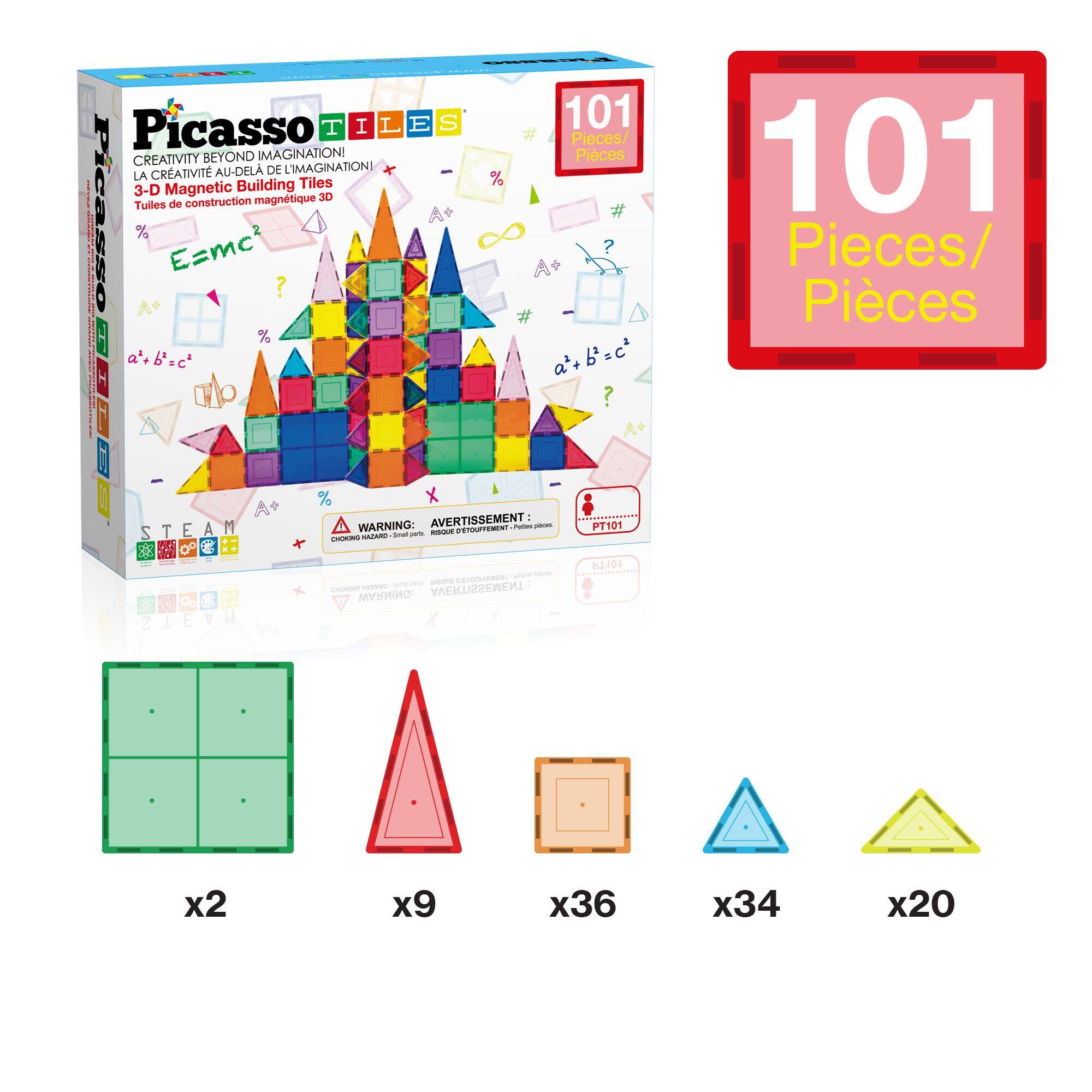 Picasso Tiles Creativity Beyond Imagination! Creativité Au-Dela De Imaginationi La Magnetic Building Tiles 3-D 3D Tuiles de construction magntique Picasso % A+ E=mc 2 ? % a'+b'=c' a', T % 101 Pieces/ Pieces ? A+ a'+b=c  F 101 Pieces/ Pices - A STEAM S T E A M 2 WARNING: AVERTISSEMENT - - - EER A - - PT101 Z 3 - - - RER eYVT AVERTISSEMENT I 1001 x2 x9 x36 x34 x20