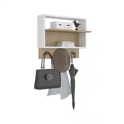 Front. ALEXOUN - Wall-Mounted Coat Rack - Floating Shelf with Hooks, Space-Saving Design for Coats, Hats, and Bags, Wood Finish - Multicolor.