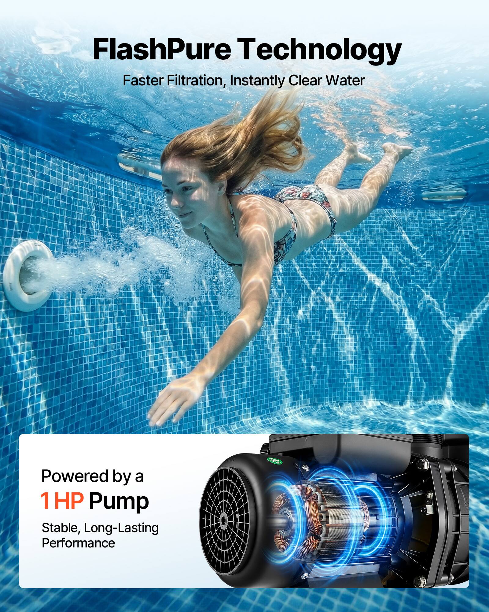 FlashPure Technology  
Faster Filtration, Instantly Clear Water  
Powered by a 1 HP Pump  
Stable, Long-Lasting Performance