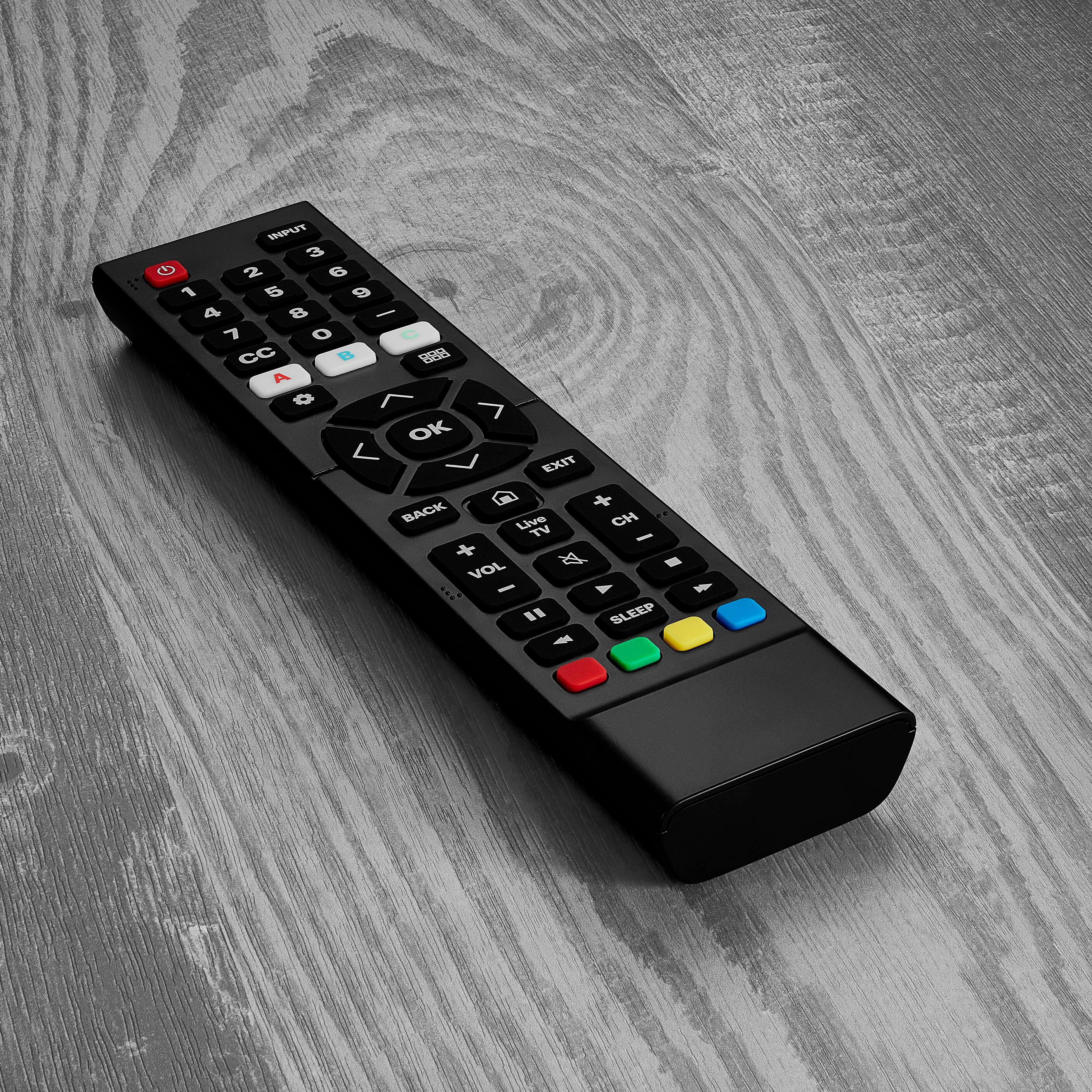 INPUT  
1 2 3  
4 5 6  
7 8 9  
0  

EXIT  
CC A B  
OK  

BACK  
Live TV  

CH +  
CH -  

VOL +  
VOL -  

SLEEP  

Red, Green, Yellow, Blue buttons