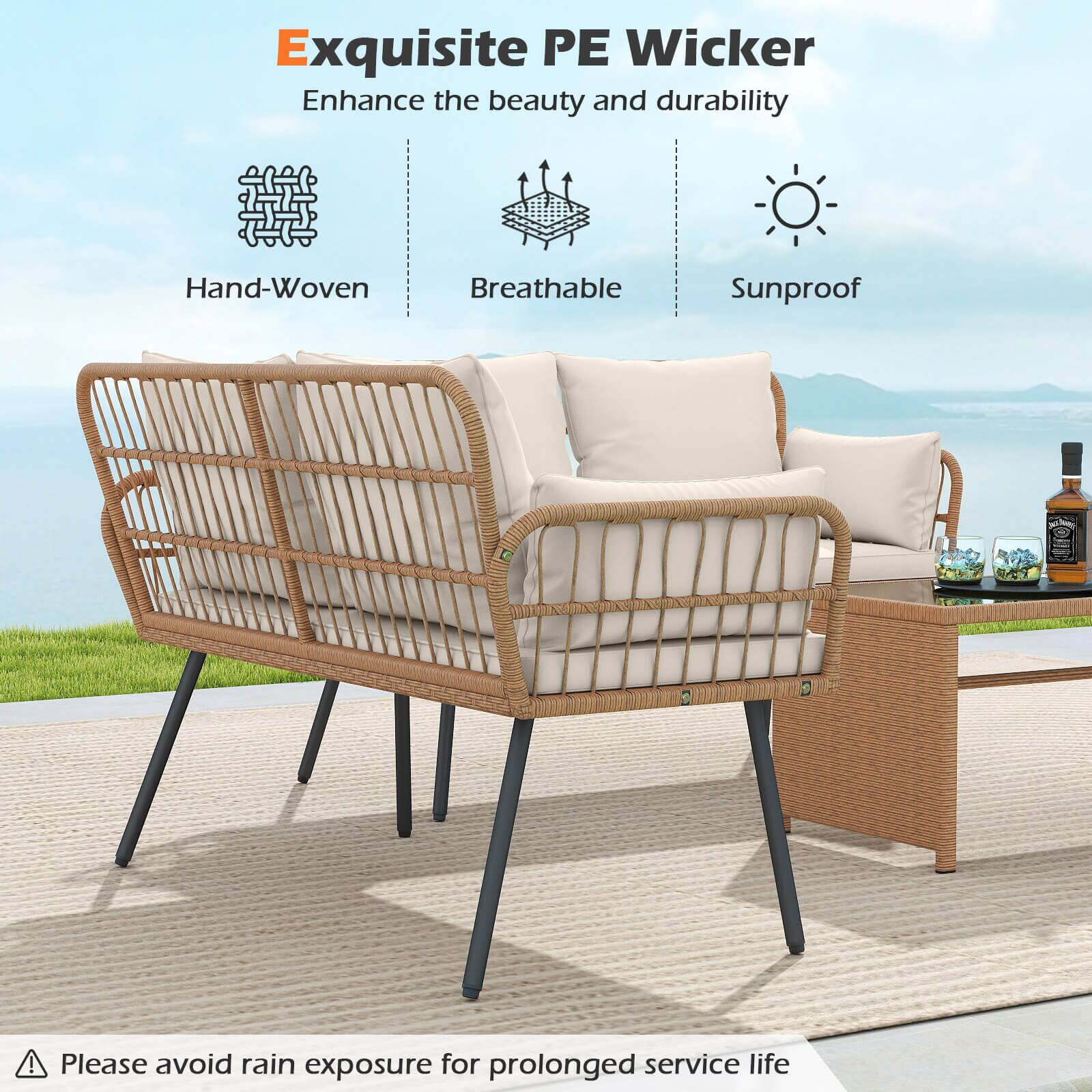 Exquisite PE Wicker  
Enhance the beauty and durability  

- Hand-Woven  
- Breathable  
- Sunproof  

Please avoid rain exposure for prolonged service life