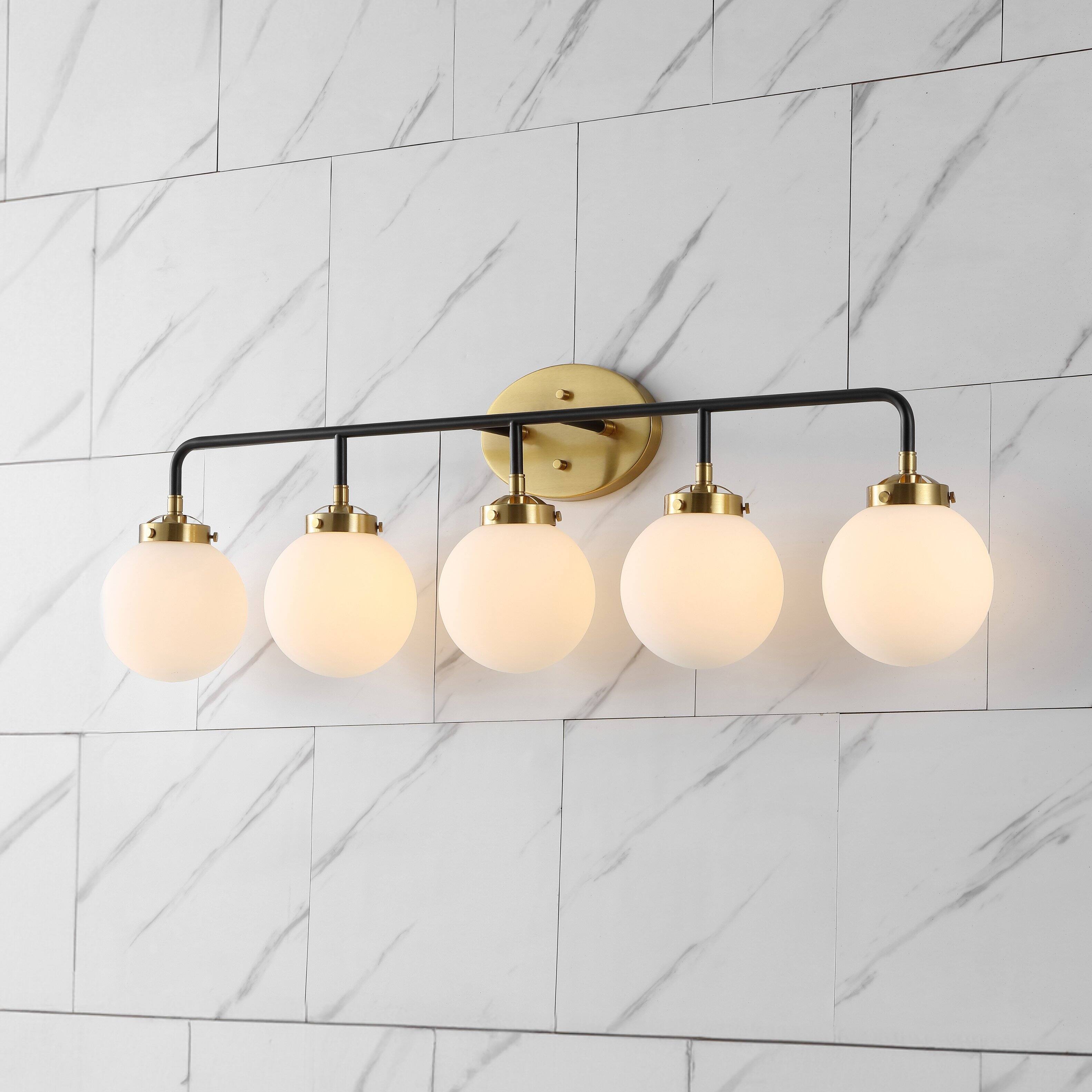 Alt View 1. Jonathan Y - Caleb 38" 5-Light Contemporary Transitional Iron/Glass LED Vanity Light, Brass Gold/Black/White - Brass Gold/Black.