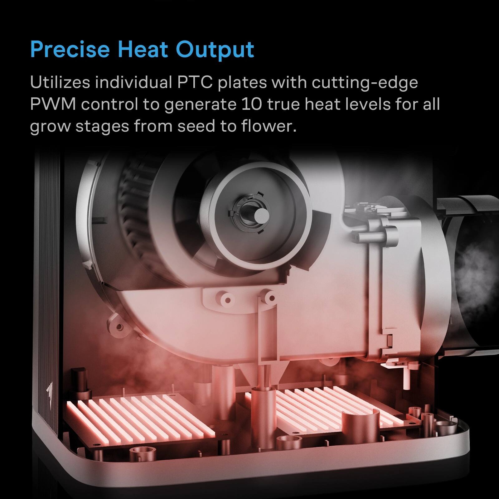Precise Heat Output  
Utilizes individual PTC plates with cutting-edge PWM control to generate 10 true heat levels for all grow stages from seed to flower.