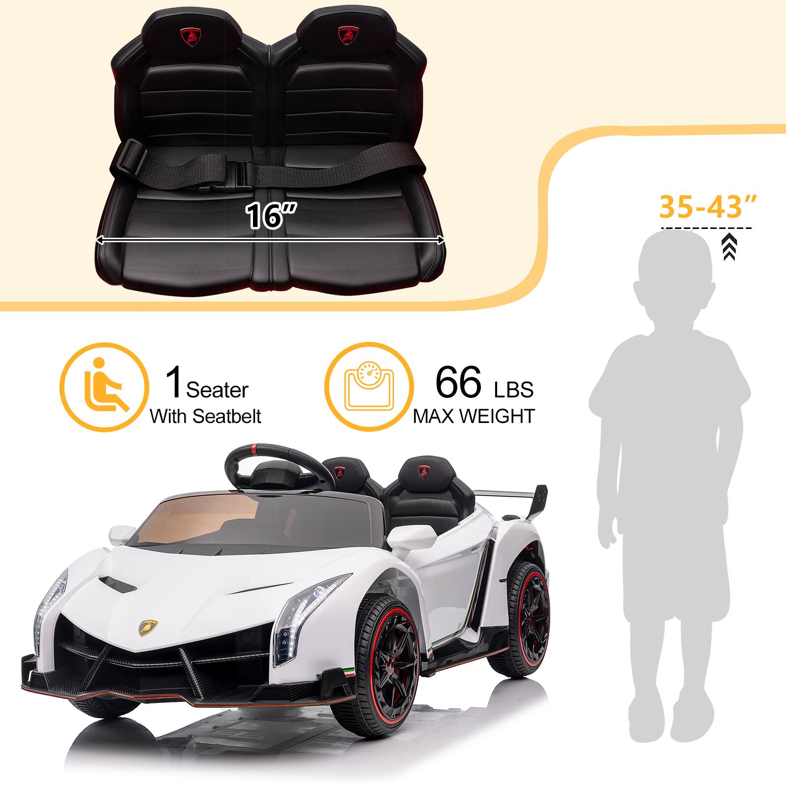16" 35-43" 1 Seater With Seatbelt 66 LBS MAX WEIGHT