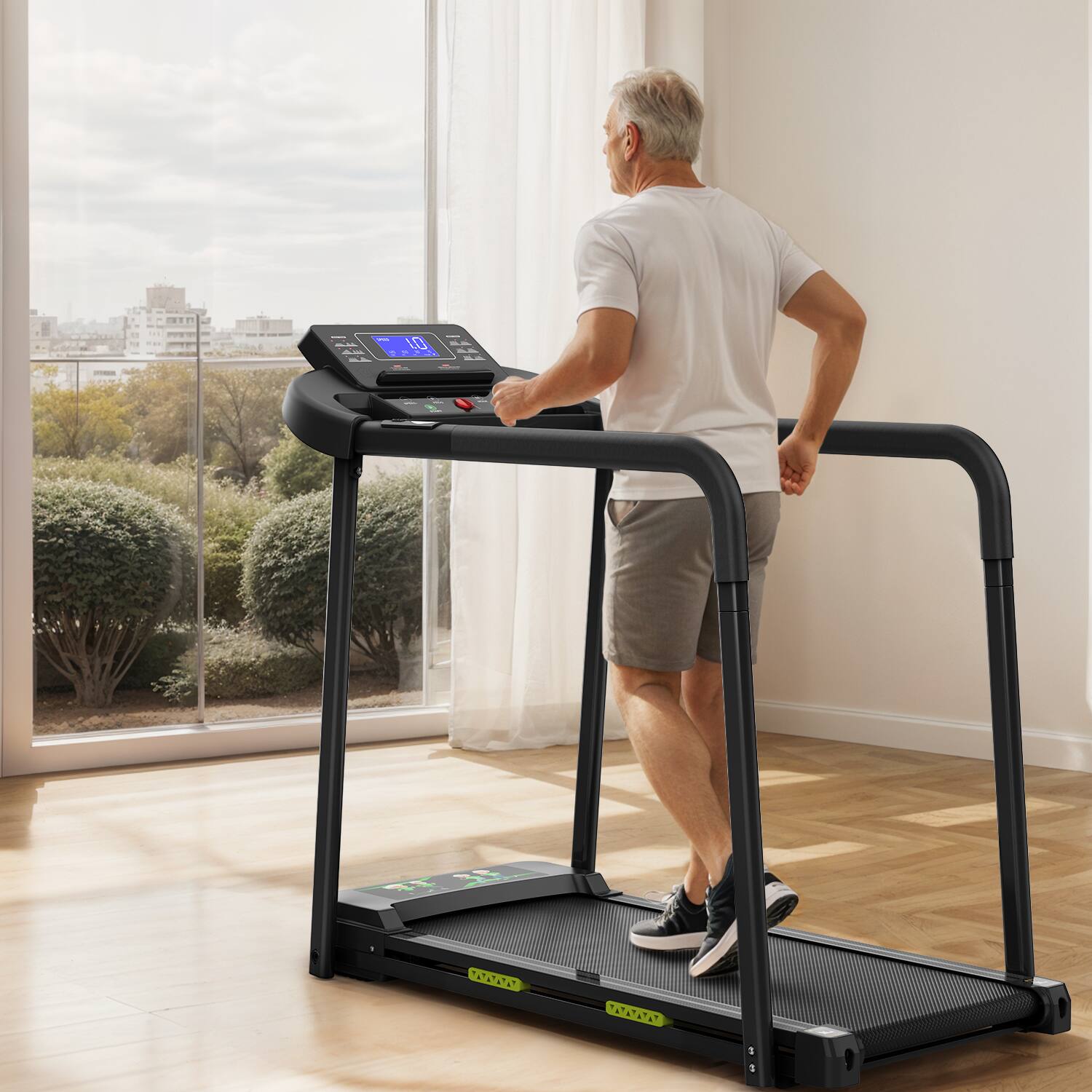 Back. Spaco - Spaco Walking Pad Treadmill for Seniors, Stable Safety Design, Large LED Display, Long Handrail for Balance, 300LBS - Black.