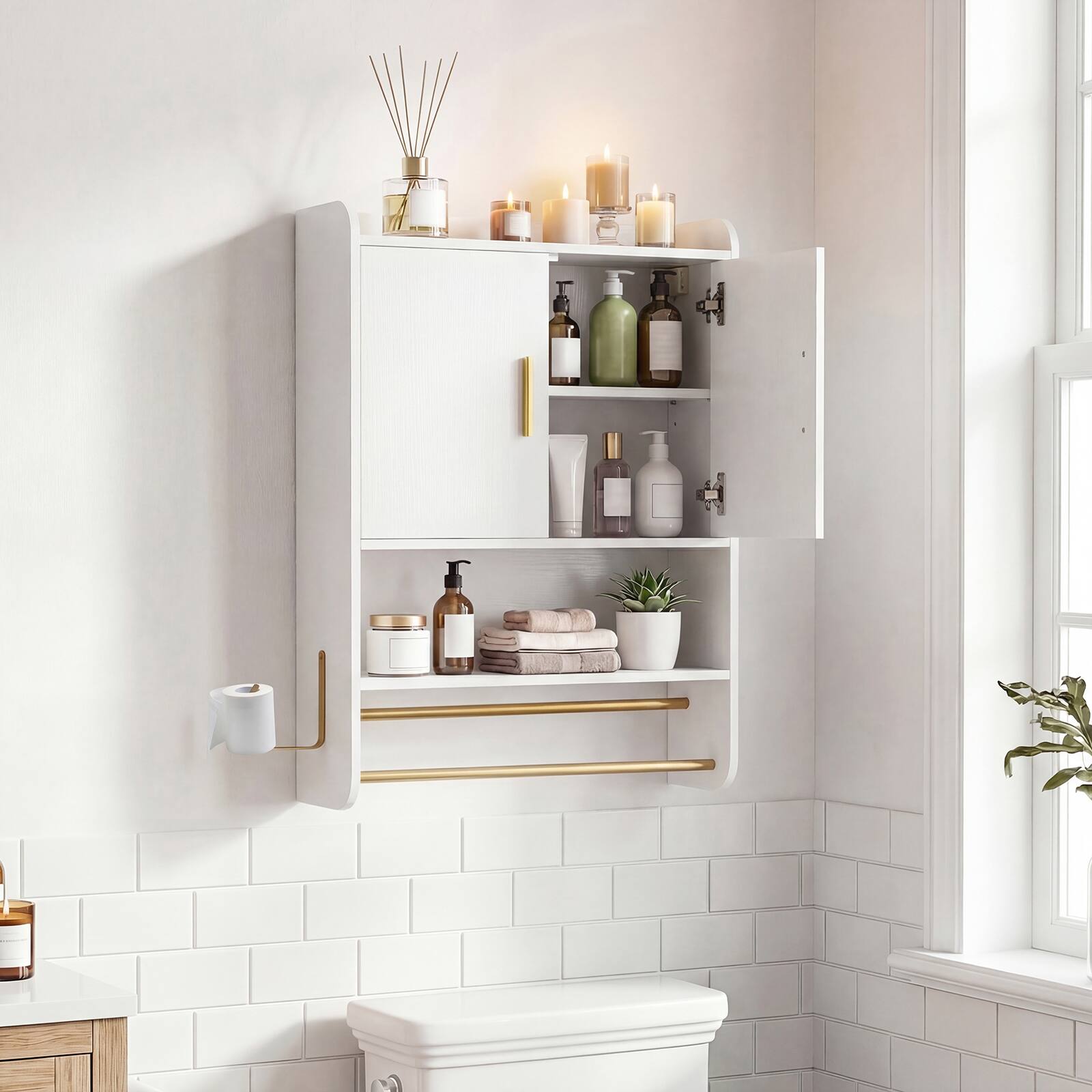 Alt View 3. Costway - Costway Bathroom Wall Cabinet with Towel Bars & Toilet Paper Holder for Laundry Room - White.
