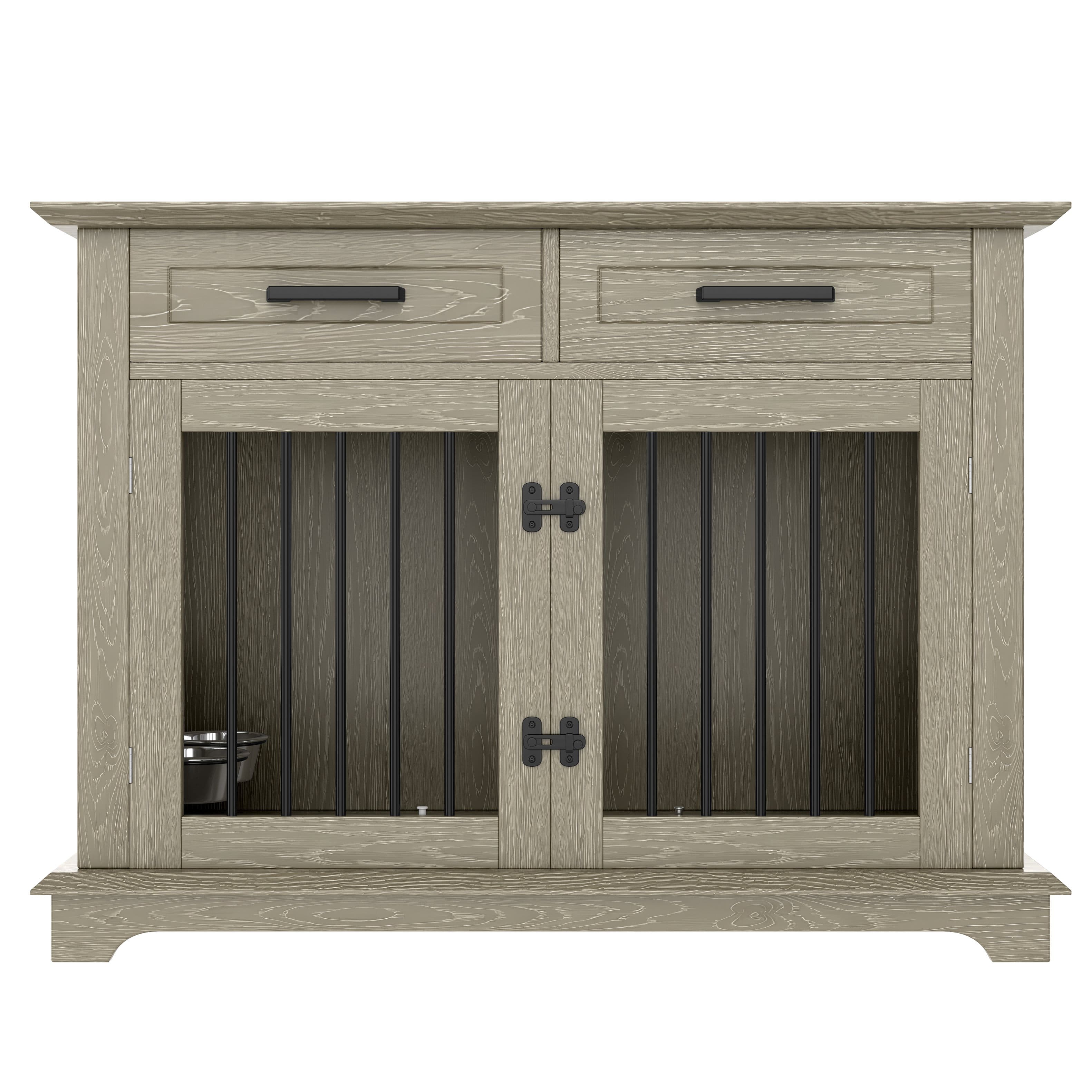 Runesay - 44.48in Gray Large Indoor Wooden Dog Crate Kennel Furniture House End Table with 2 Storage Drawers