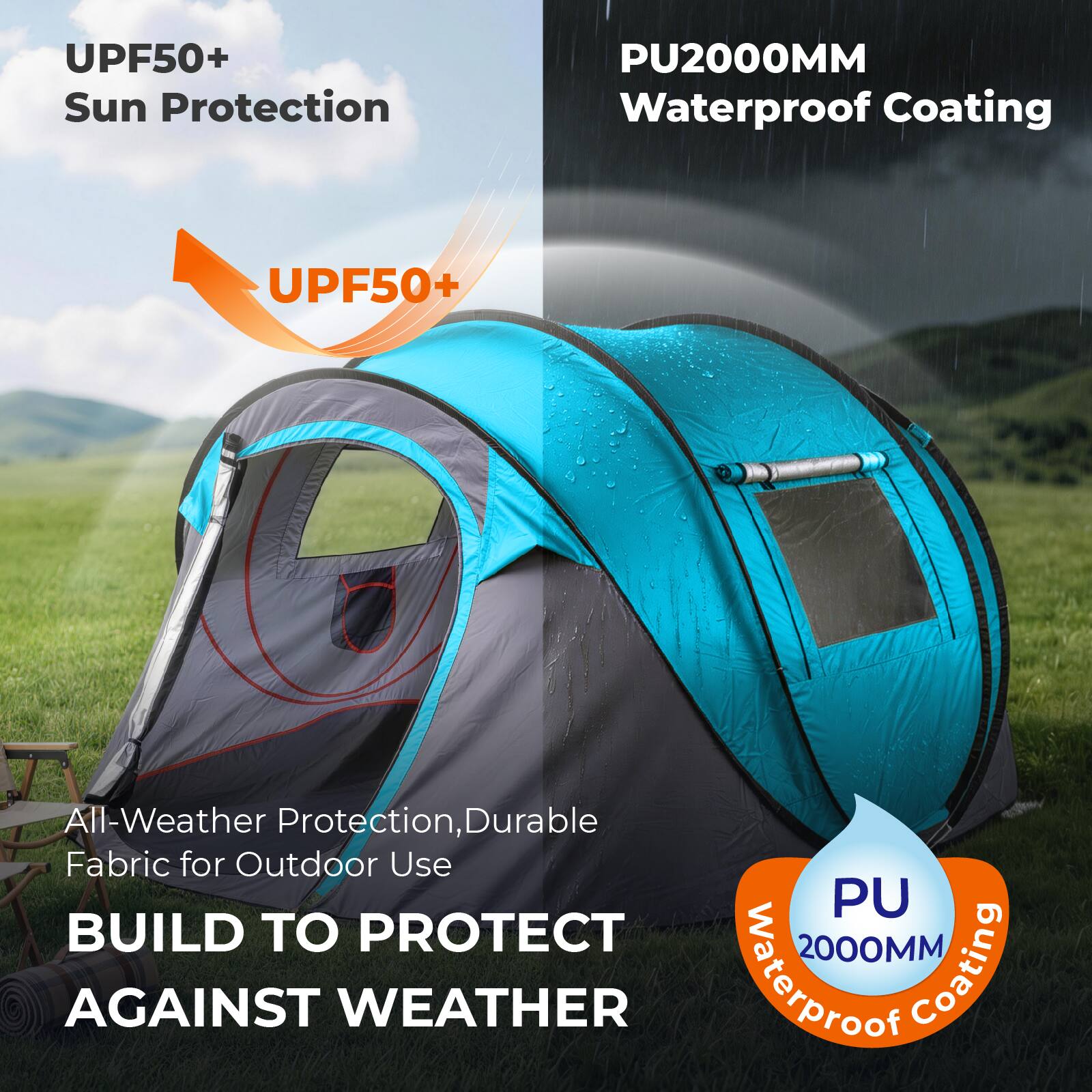 UPF50+ Sun Protection  
UPF50+  
PU2000MM Waterproof Coating  
All-Weather Protection, Durable Fabric for Outdoor Use  
BUILD TO PROTECT AGAINST WEATHER