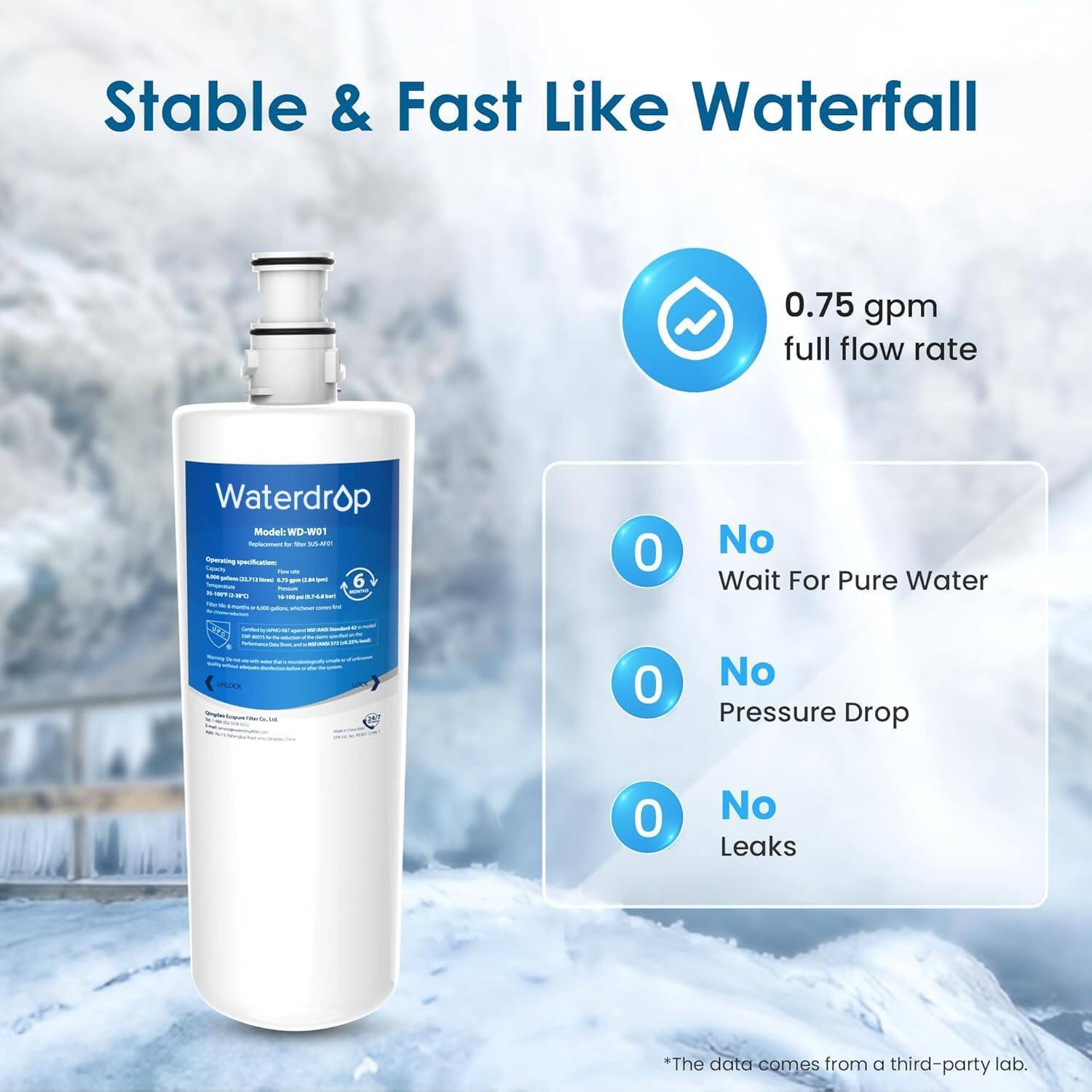 Stable & Fast Like Waterfall  
0.75 gpm full flow rate  
Waterdrop Model WD-W01  

- No Wait For Pure Water  
- No Pressure Drop  
- No Leaks  

*The data comes from a third-party lab.