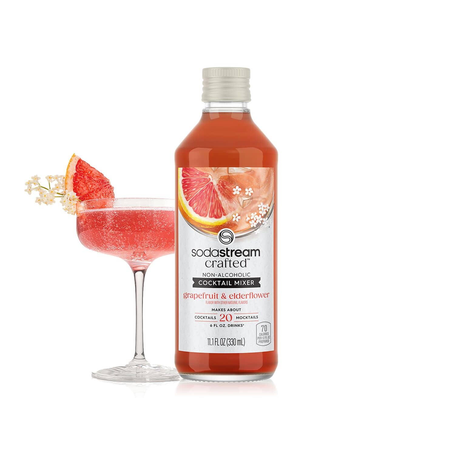 Sodastream Crafted Non-Alcoholic Cocktail Mixer Grapefruit & Elderflower is a 20 oz. drink mixer that makes about 20 mocktails. It contains 70 servings in a 330 ml bottle.
