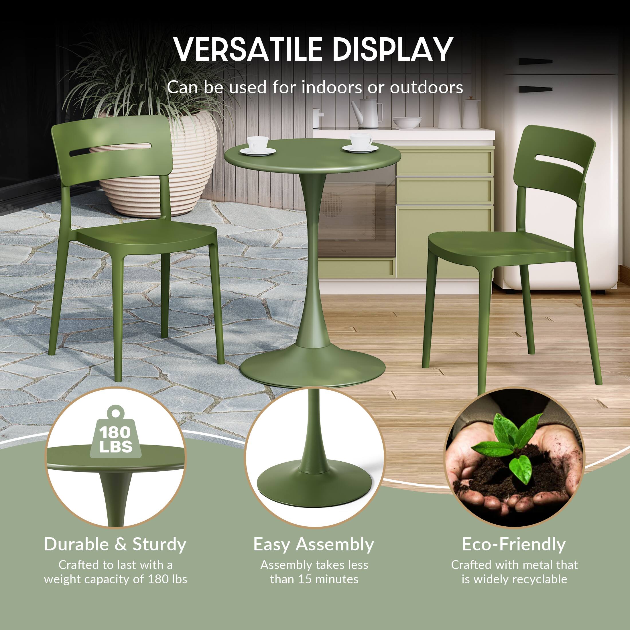 VERSATILE DISPLAY  
Can be used for indoors or outdoors  

180 LBS  
Durable & Sturdy  
Crafted to last with a weight capacity of 180 lbs  

Easy Assembly  
Assembly takes less than 15 minutes  

Eco-Friendly  
Crafted with metal that is widely recyclable