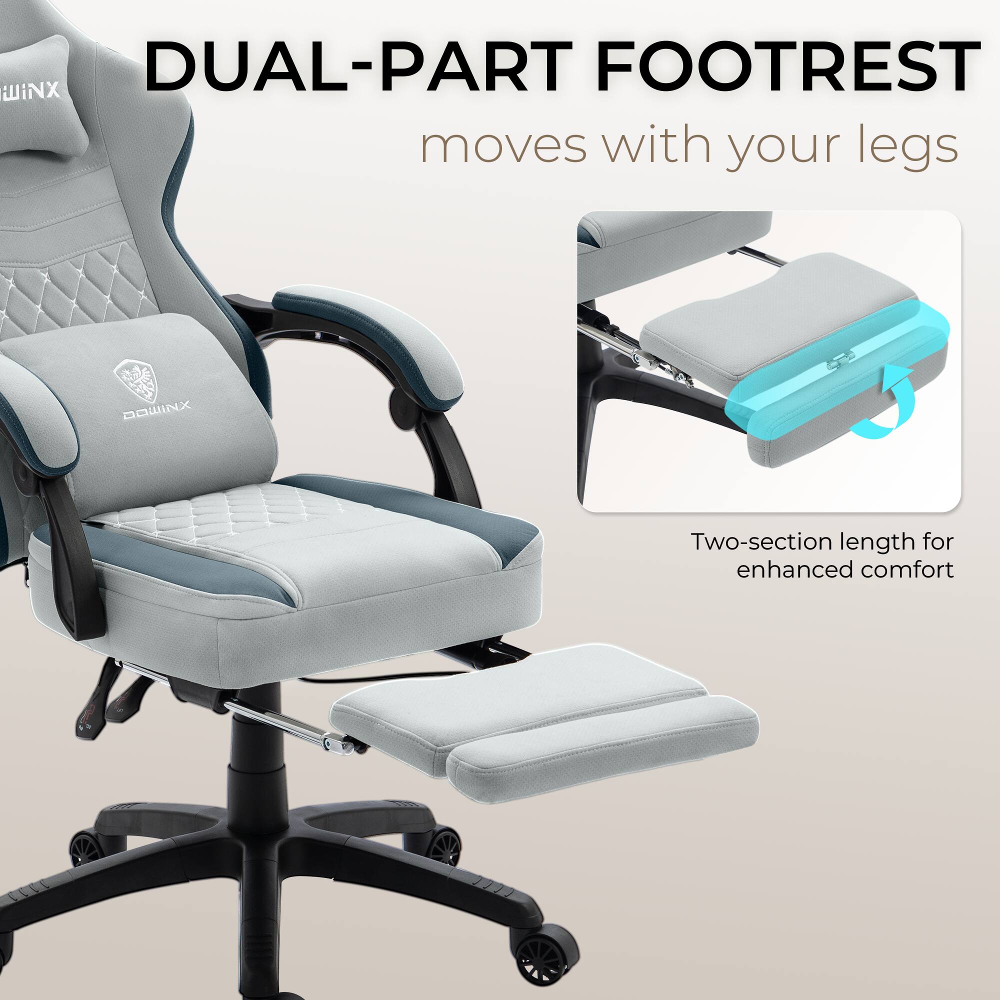 WINX DUAL-PART FOOTREST moves with your legs  
Two-section length for enhanced comfort