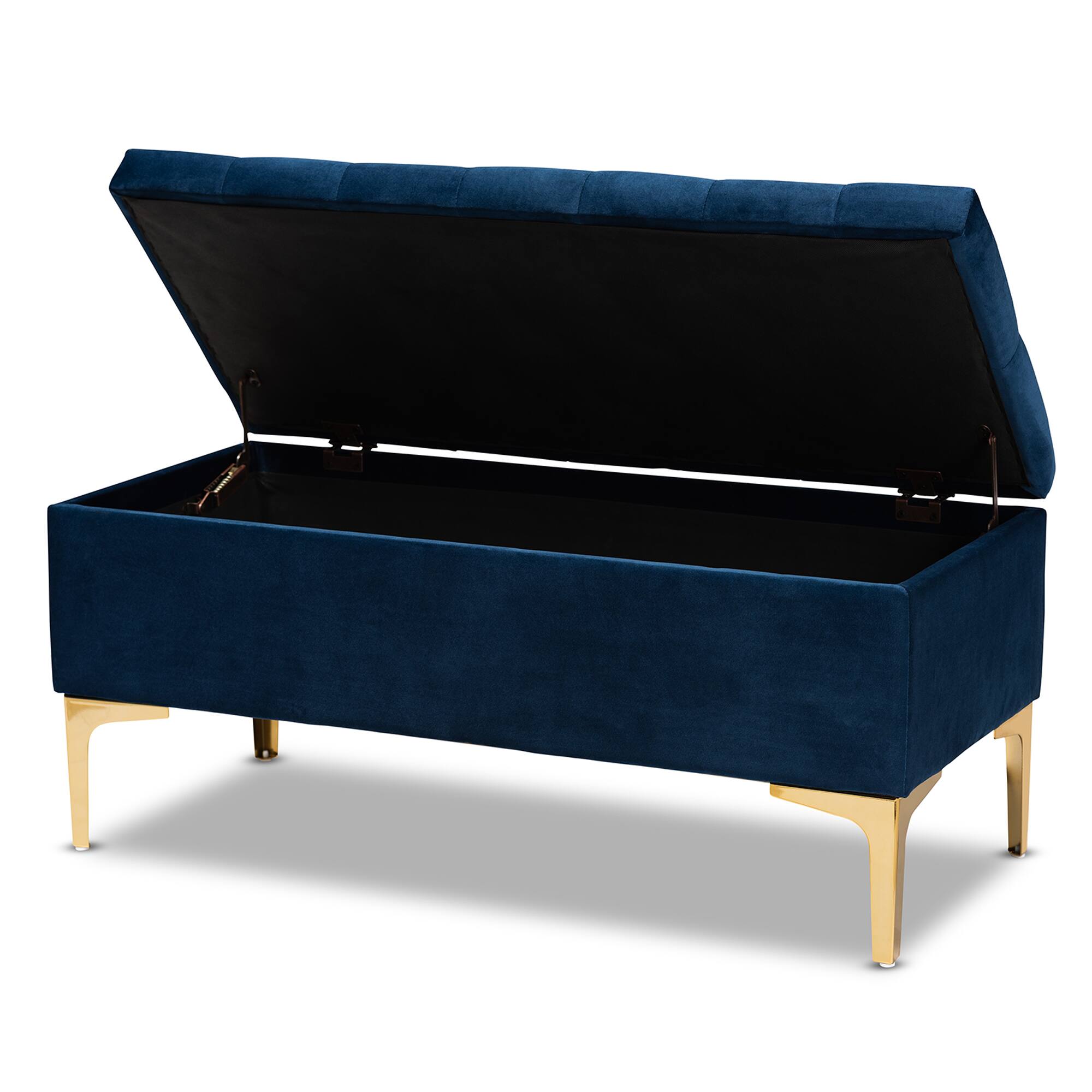 Angle. Baxton Studio - Valere Glam and Luxe Velvet Fabric Upholstered Gold Finished Button Tufted Storage Ottoman - Navy Blue/Gold.