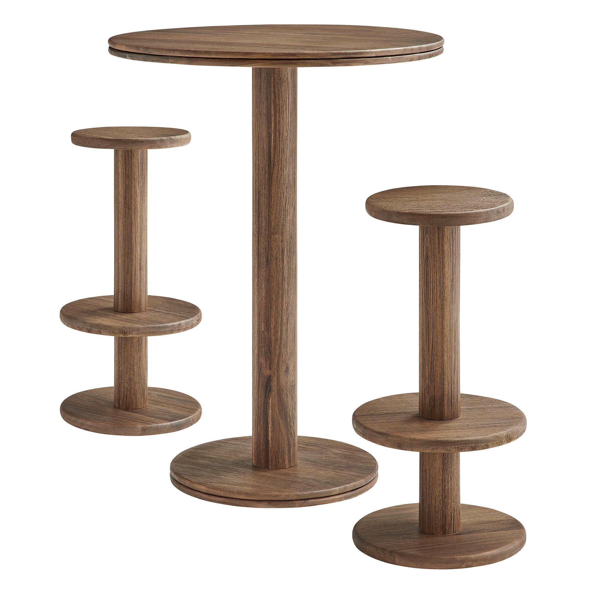 Angle. Modway - Neo 3-Piece Round Indoor - Outdoor Patio Wood Bar Table And Stool Set by Modway - Cocoa Brown.