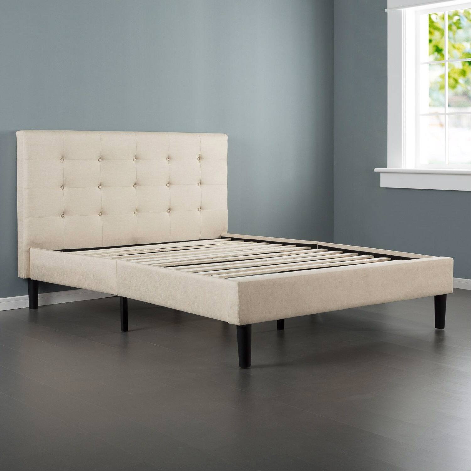 Angle. Hivvago - King size Upholstered Platform Bed Frame with Button Tufted Headboard in Taupe - Taupe.