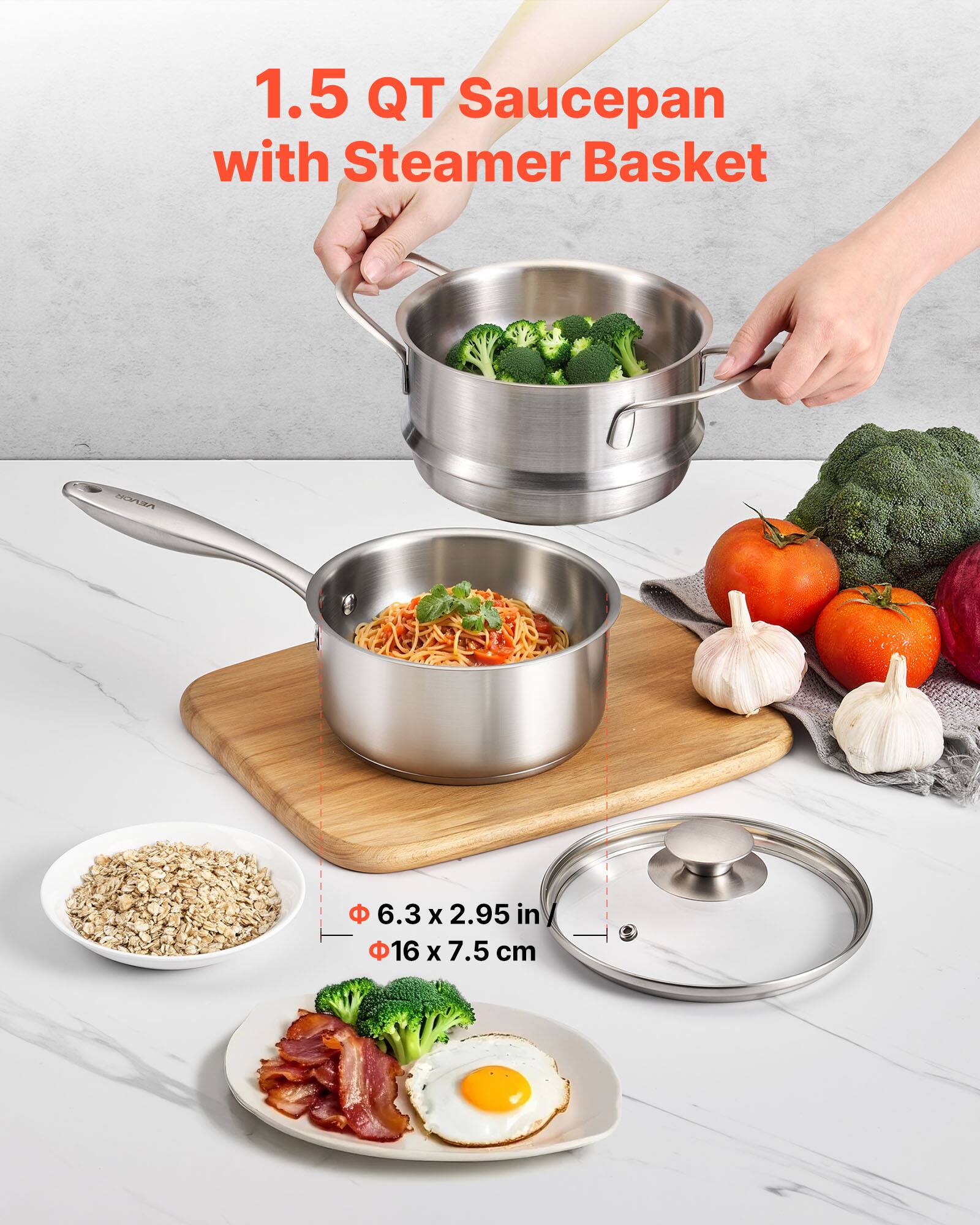 1.5 QT Saucepan with Steamer Basket

6.3 x 2.95 in  
16 x 7.5 cm