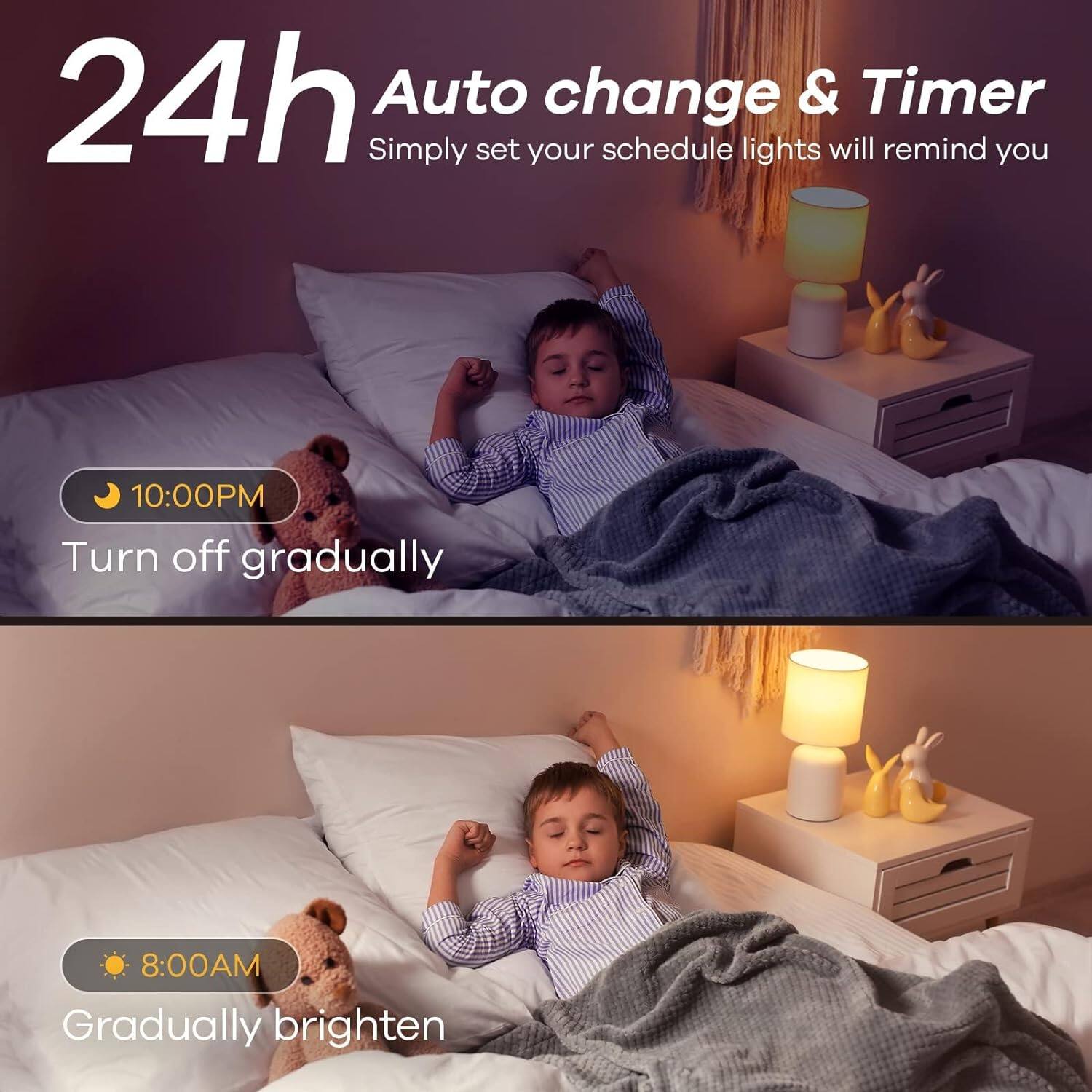 The text on the image reads: "24h Auto change & Timer Simply set your schedule lights will remind you 10:00PM Turn off gradually 8:00AM Gradually brighten".