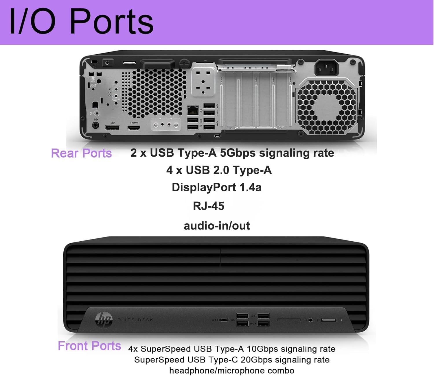 I/O Ports

Rear Ports
- 2 x USB Type-A 5Gbps signaling rate
- 4 x USB 2.0 Type-A
- DisplayPort 1.4a
- RJ-45 audio-in/out

Front Ports
- 4x SuperSpeed USB Type-A 10Gbps signaling rate
- SuperSpeed USB Type-C 20Gbps signaling rate
- headphone/microphone combo