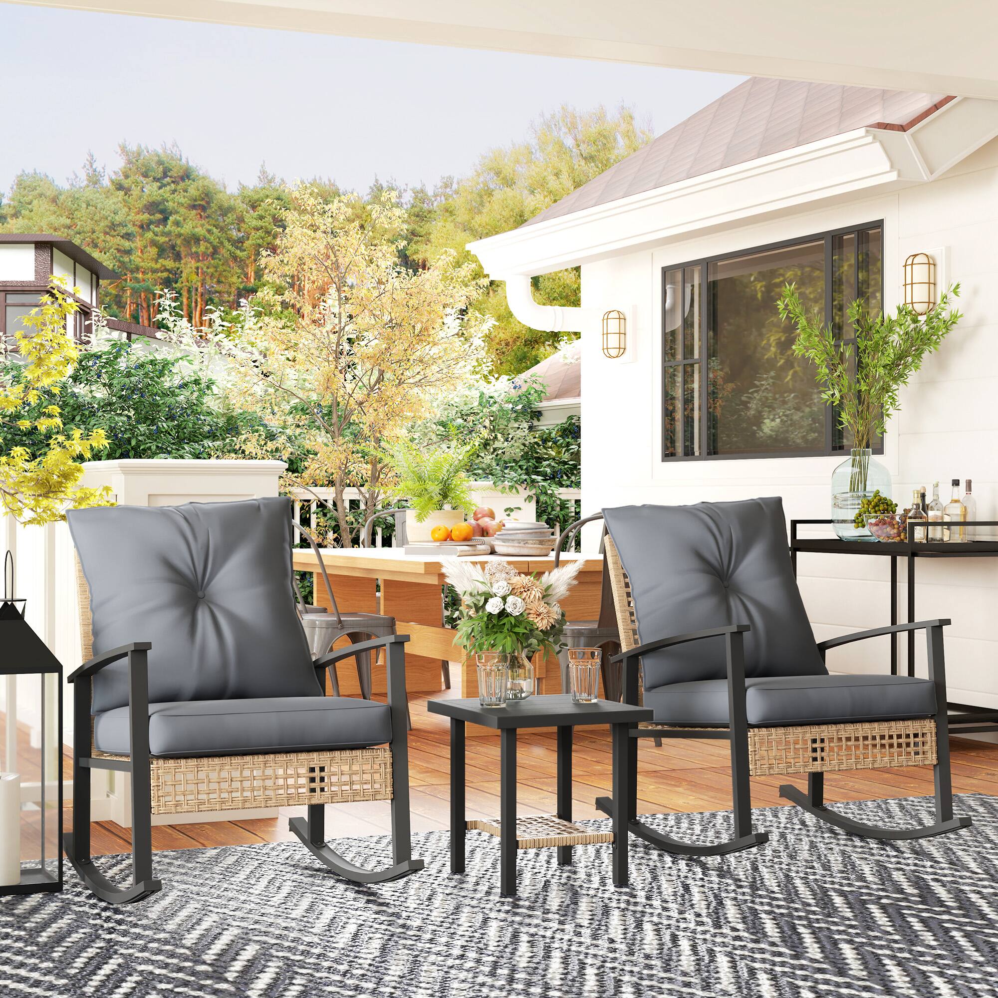 Alt View 8. Outsunny - 3 Pieces Rocking Wicker Outdoor Bistro Set, Rattan Patio Furniture Set with Coffee Table and Porch Chairs - Gray.