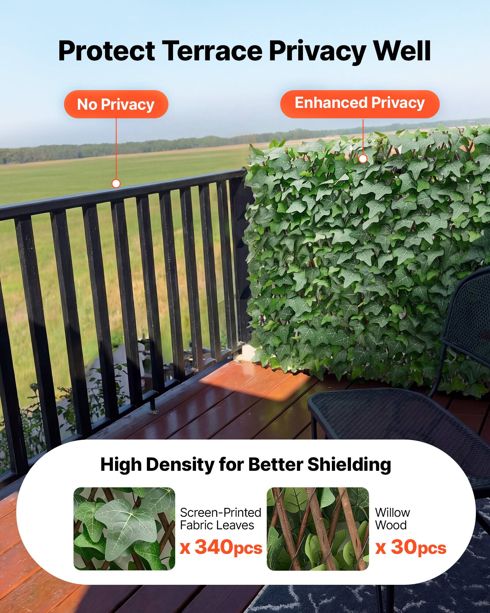 Protect Terrace Privacy Well

No Privacy  
Enhanced Privacy

High Density for Better Shielding

Screen-Printed Fabric Leaves x 340pcs  
Willow Wood x 30pcs