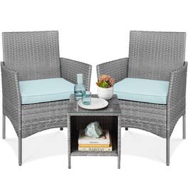 Best Choice Products - 3-Piece Outdoor Wicker Conversation Patio Bistro Set, w/ 2 Chairs, Table - Gray/Pastel Blue