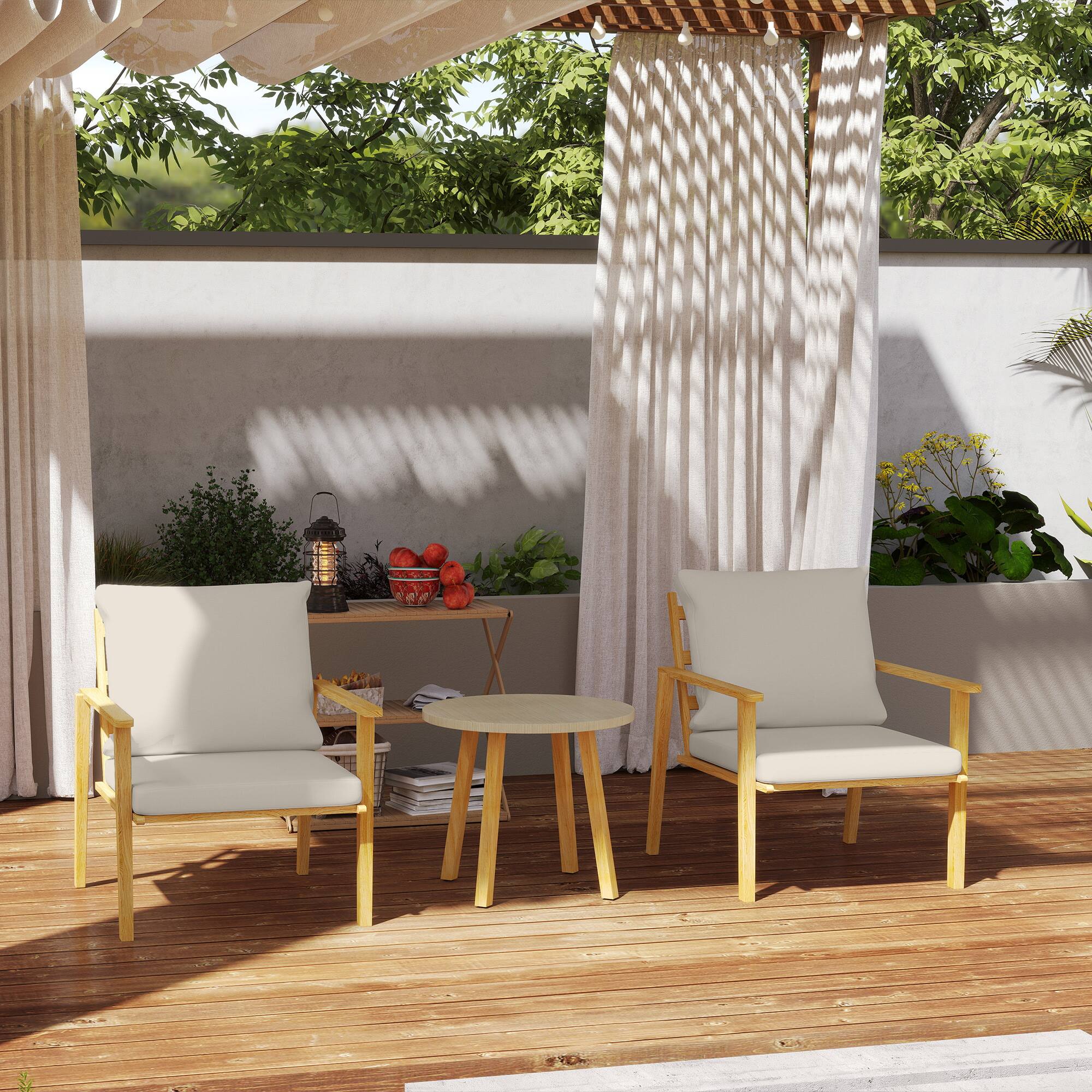 Alt View 8. Outsunny - Outdoor Bistro Set, 3 Piece Patio Set, Wood Effect Steel Round Table and Chairs with Wide and Deep Seat - Cream White.