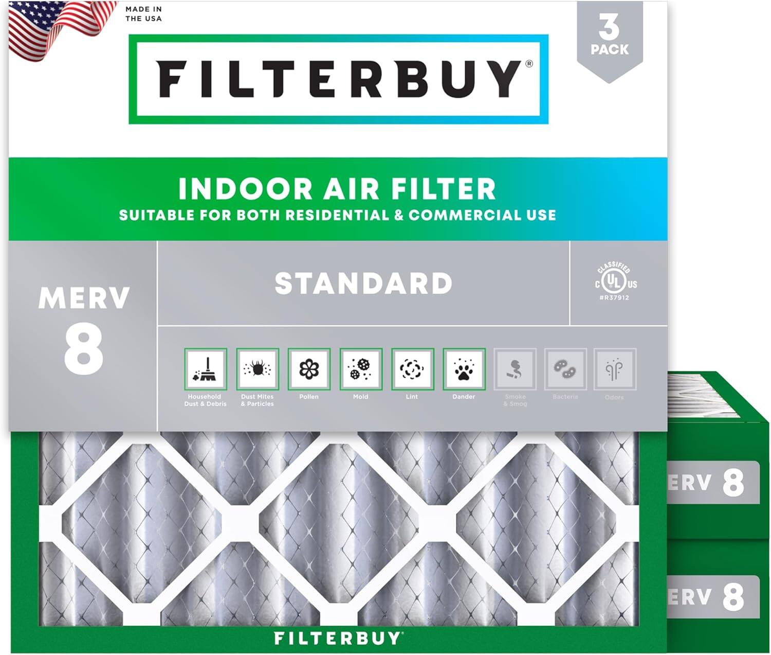 Filterbuy - 14x14x4 MERV 8 Dust & Allergy Defense, Electrostatic Pleated HVAC AC Furnace Air Filters Replacement (3-Pack) - Silver