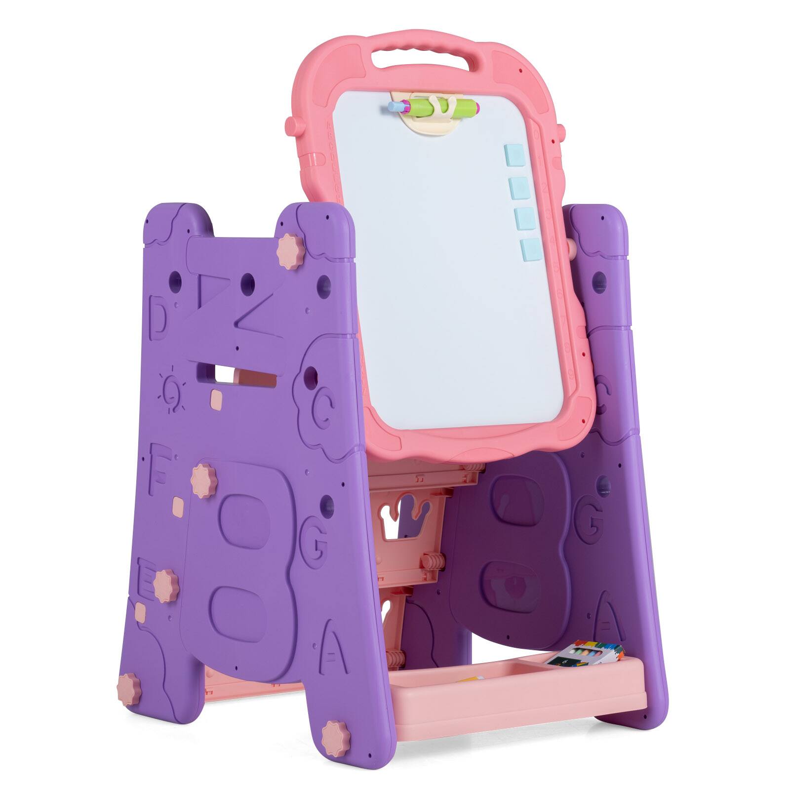 Front. Costway - Costway 3 in 1 Art Easel for Kids with Book Rack, Height Adjustable Standing Easel, Age 3+ - Pink & Purple.