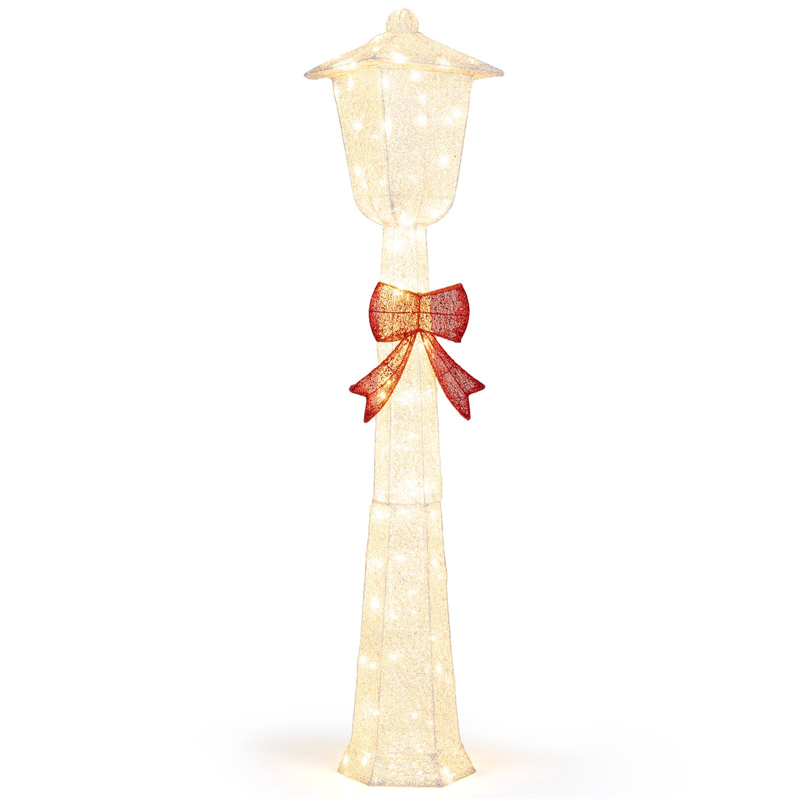 Front. Costway - Costway 1 PCS 5 FT Lighted Christmas Lamp Post with Bowknot Decorations 3 Ground Stakes 6 Zip Ties - Silver + Red.