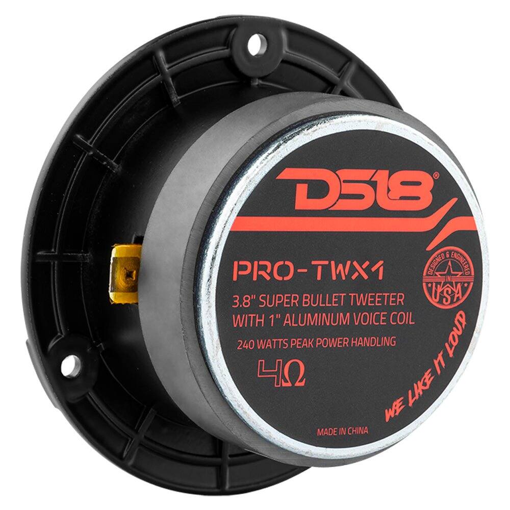 D518 PRO-TWX1  
DESIGNED IN USA  
3.8" SUPER BULLET TWEETER  
WITH 1" ALUMINUM VOICE COIL  
240 WATTS PEAK POWER HANDLING  
4Ω  
MADE IN CHINA  
WE LIKE IT LOUD