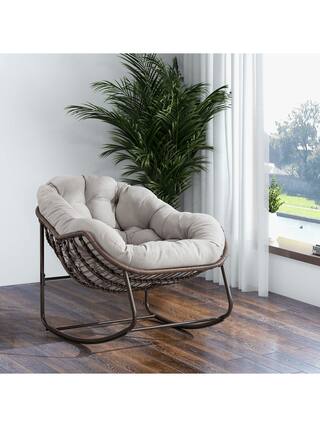 Front. Trinkets Crazed - Outdoor Patio Rocking Chair, Comfy Wicker Rocker Chair With Padded Cushion, Oversized Rattan Papasan Egg Chair - Beige.
