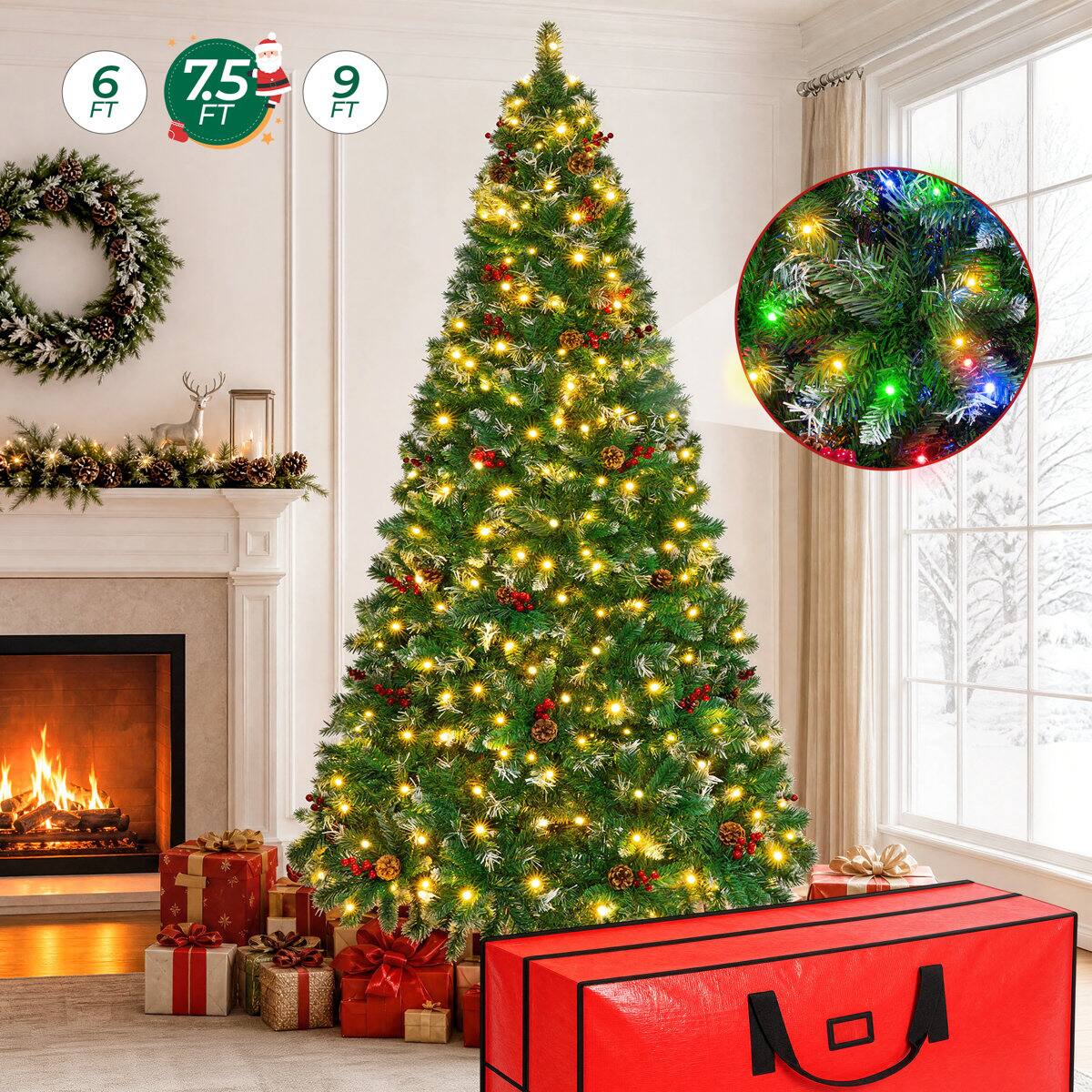 Back. Wisairt - 6FT Pre-Lit Artificial Christmas Tree, 825 Tips Snow-Tipped Pine, 250 LED lights with 11 Modes Adjustable - Green.