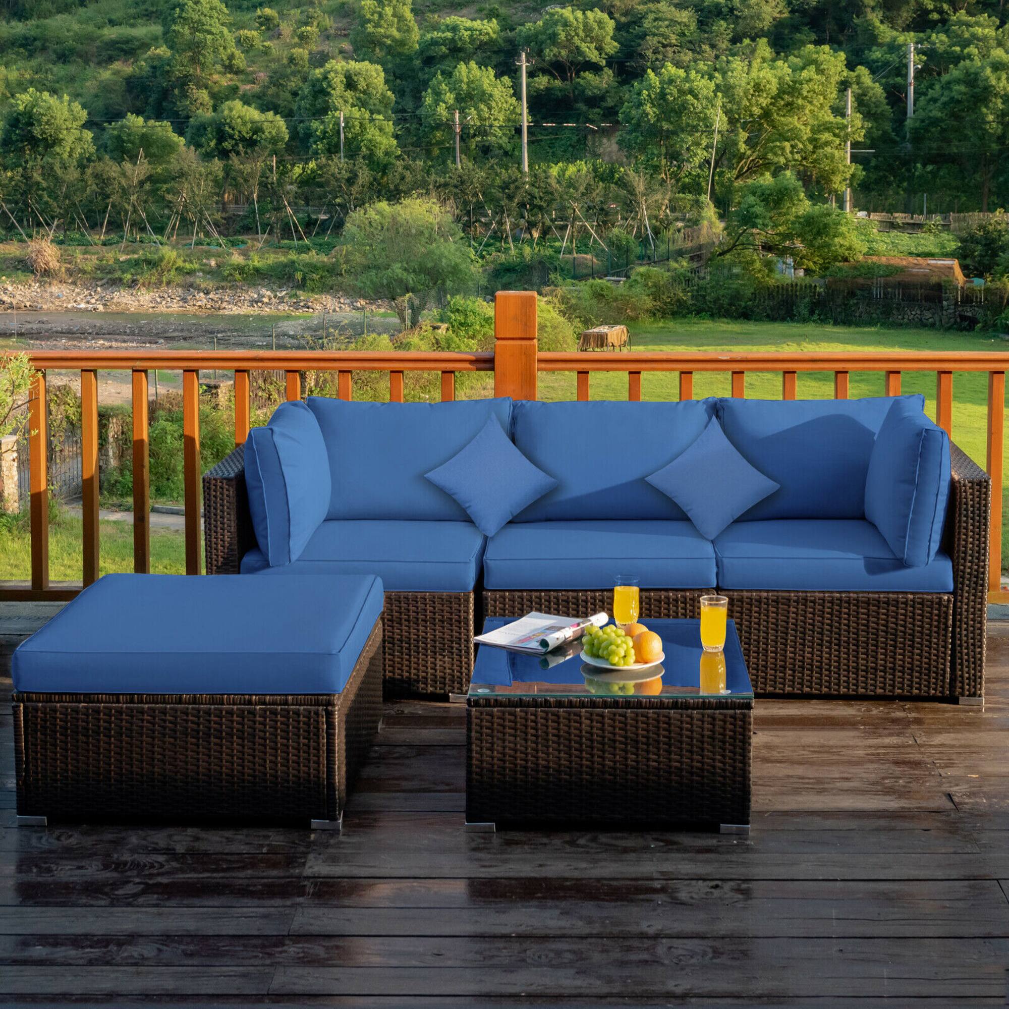 Gymax - 5PC Rattan Patio Conversation Set Outdoor Furniture Set w/ Ottoman Cushion - Navy