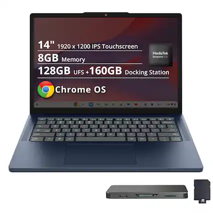 14" 1920 x 1200 IPS Touchscreen
MediaTek Kompanio 520
8GB Memory
128GB UFS + 160GB Docking Station
Chrome OS