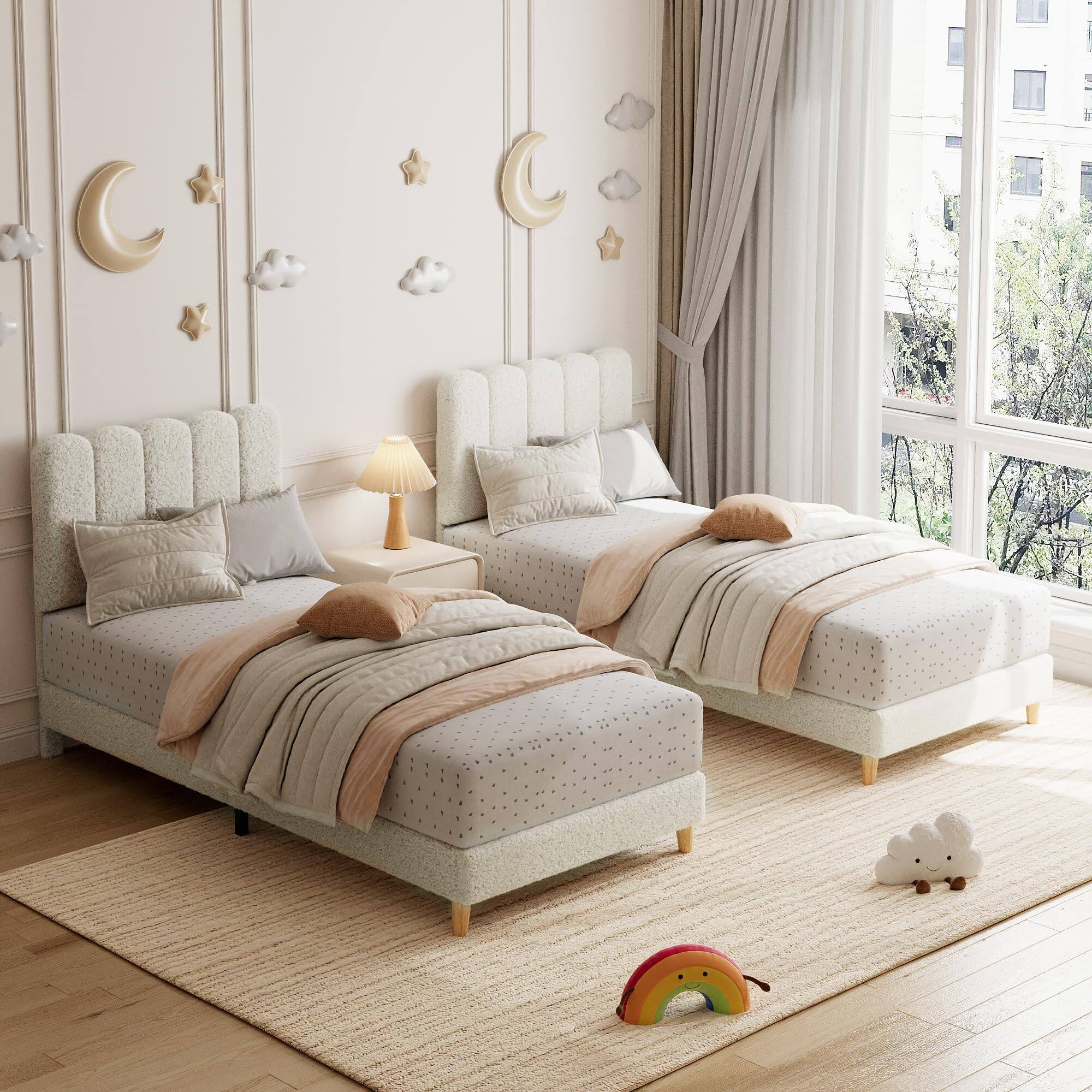 Angle. Homhougo - Twin Bed Frame, Boucle Upholstered Platform Bed with Wave Headboard for Girls/Kids, Easy Assembly, Wooden Slats Support - White.