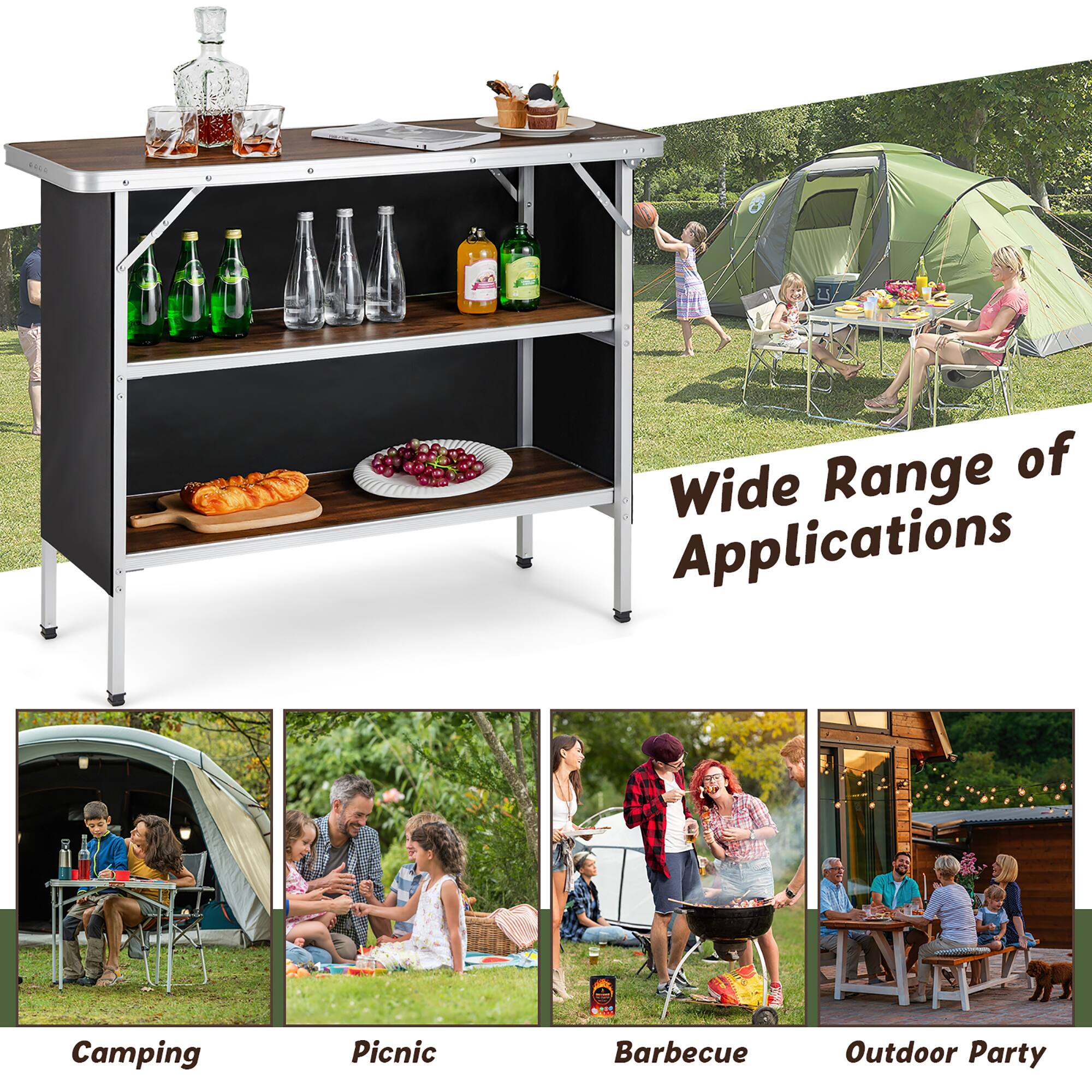 The text on the image is grouped and corrected as follows:

Wide Range of Applications: Camping, Picnic, Barbecue, Outdoor Party