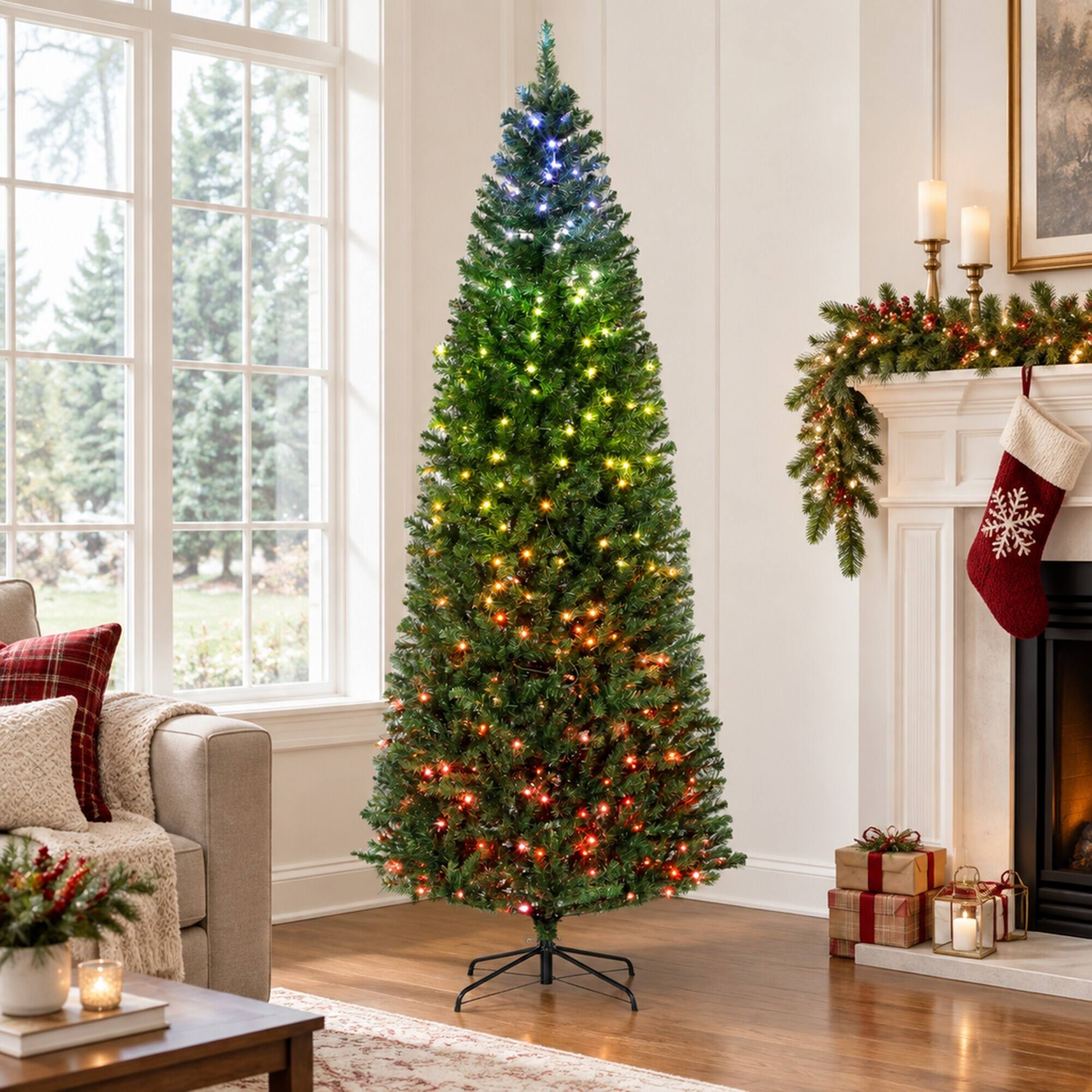 Back. RYHNUYNE - 7 Ft Artificial Christmas Tree With Realistic Branches, Hinged Design Metal Stand Easy Setup Full Holiday Decor - Green.