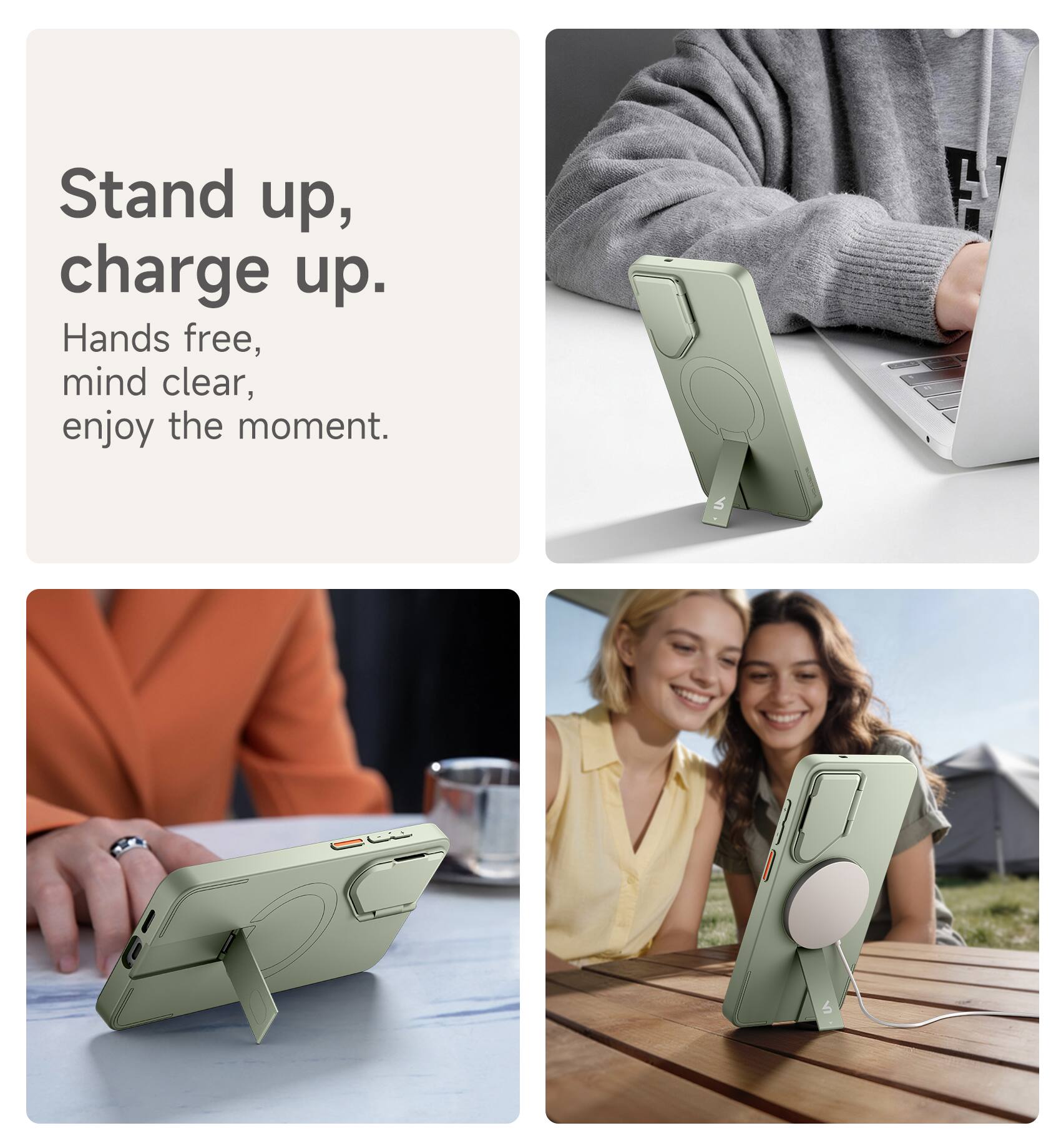 Stand up, charge up.  
Hands free, mind clear, enjoy the moment.