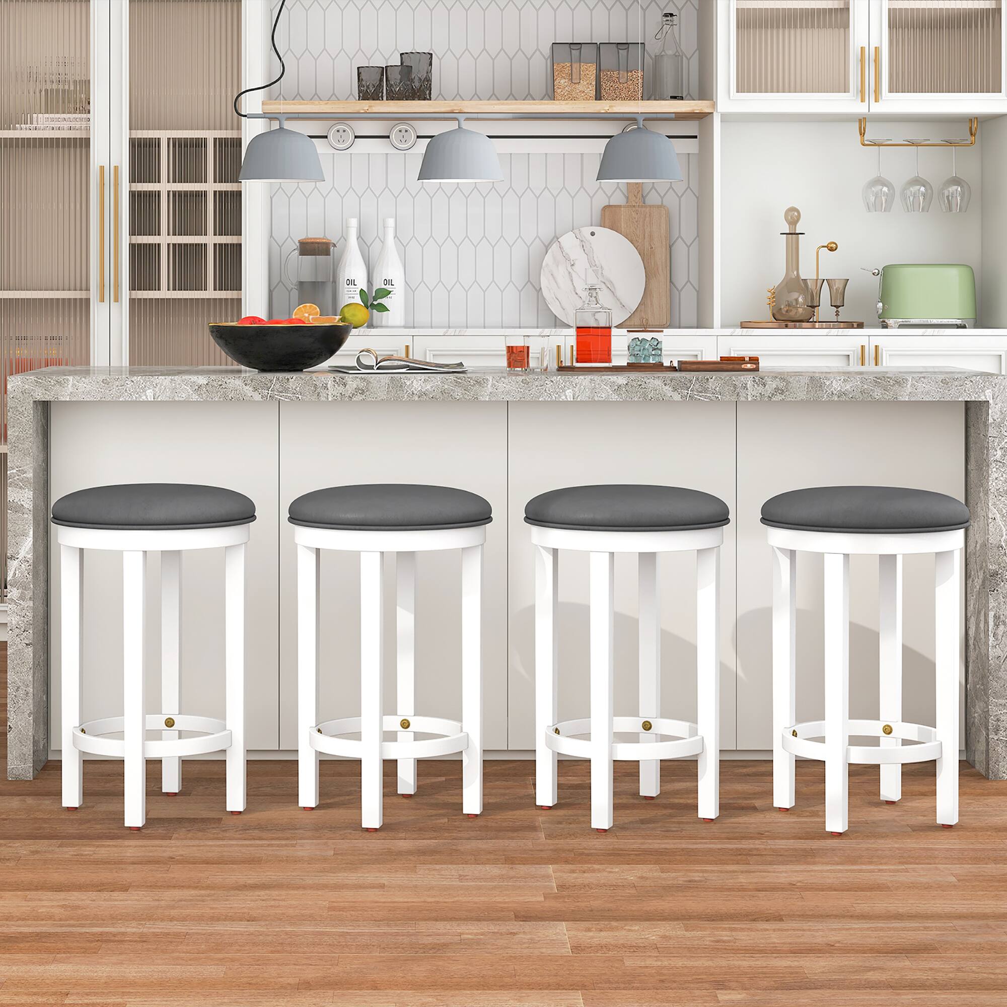 Alt View 1. Gymax - Gymax Upholstered Bar Stool Set of 4 25'' Counter Height Bar Chairs w/ Padded Cushion White & Grey - White, Grey.