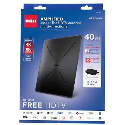 ANT 00k AMPLIFIED IN THE USA RCA indoor flat HDTV antenna multi-directional amplificada antena interior HOTV plane 40 MILE RANGE PLATINUM 4K FREE AND Finder Signal App 8K that ma agte - mot gie yau th ULTRA HID HD hannals RA Algro COMPATIBLE TMa antohna loehec SUPPORTS 1080 LIFETIME DUAL-Stage LIMITED 2X Amplification WARRANTY The NFC AMP sp and Charedl picture AMPLIFIED /4s LTE FILTER LAY IT FLAT OR HANG IT THE MOST FREE HDTV NBC HD abc HD this COZI HD FOX H0 MeTV ion Q PSI Cw MOVIES HSN