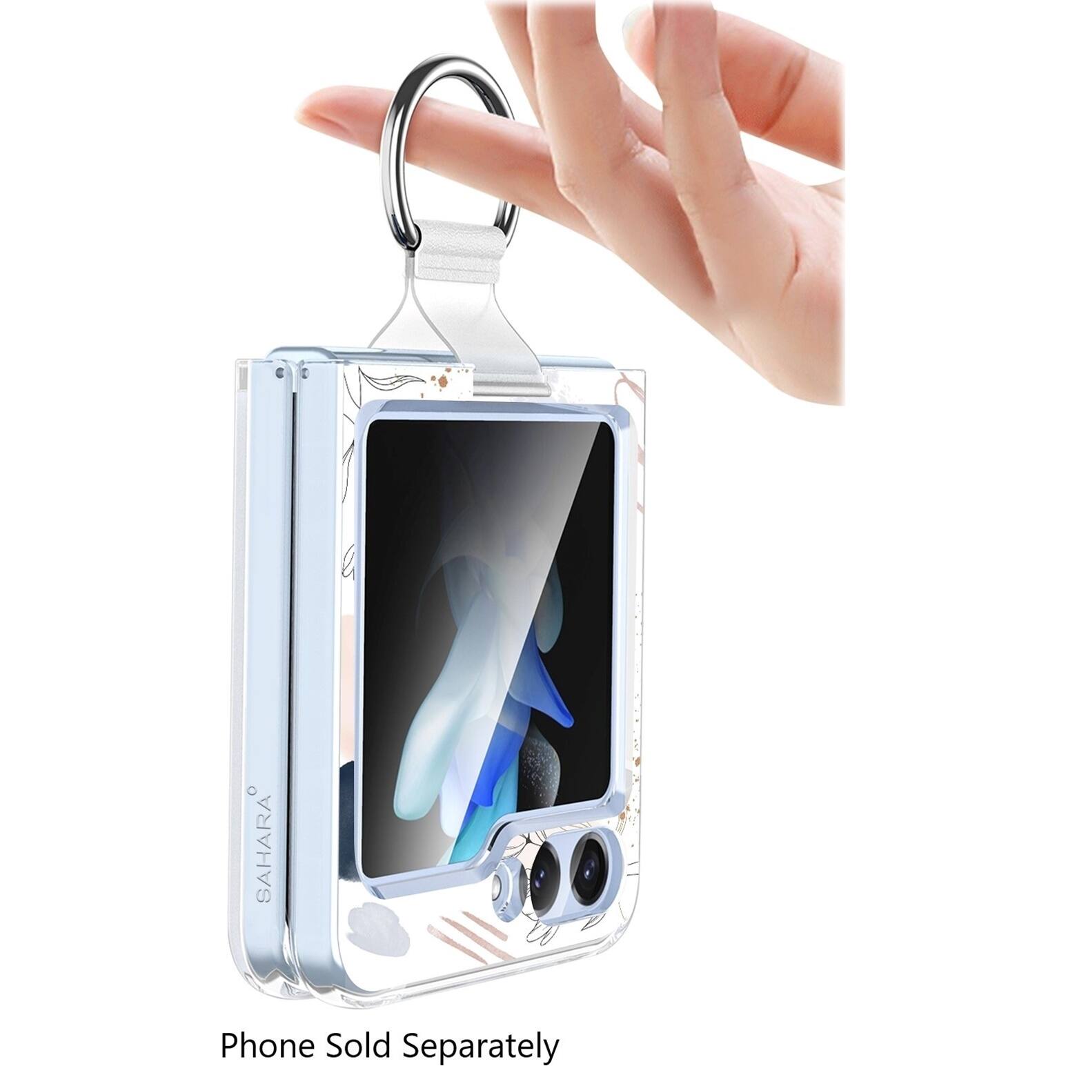 The image shows a person holding a small, silver cell phone that is attached to a keychain. The phone is described as a "SAHARA Phone Sold Separately." This suggests that the phone is not included with the keychain and must be purchased separately.