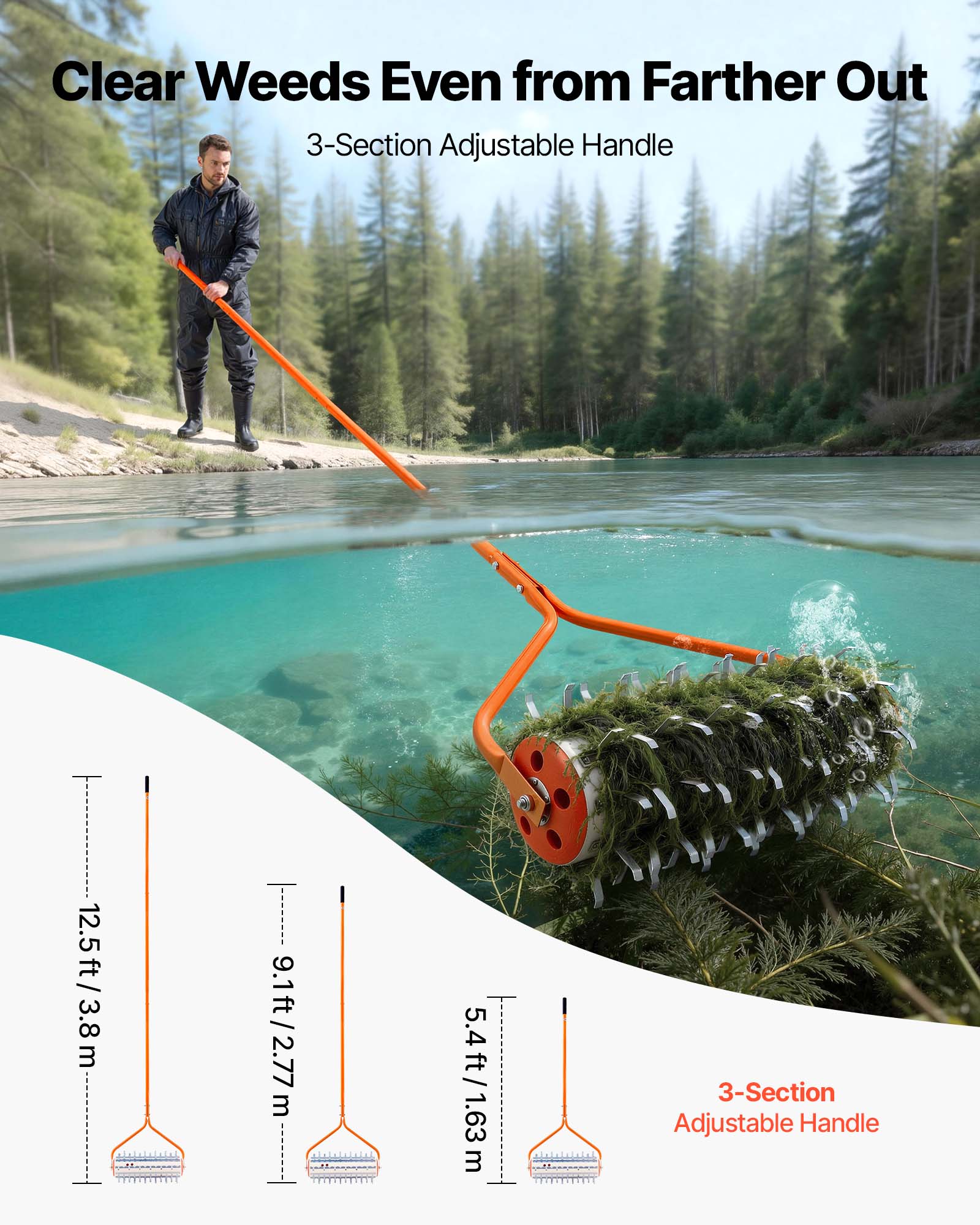 Clear Weeds Even from Farther Out  
3-Section Adjustable Handle  

12.5 ft / 3.8 m  
9.1 ft / 2.77 m  
5.4 ft / 1.63 m  

3-Section Adjustable Handle