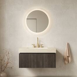 JUJABU - 36" Floating Bathroom Vanity & Sink, Roma Travertine Sintered Stone Top & Ceramic Basin - Beige