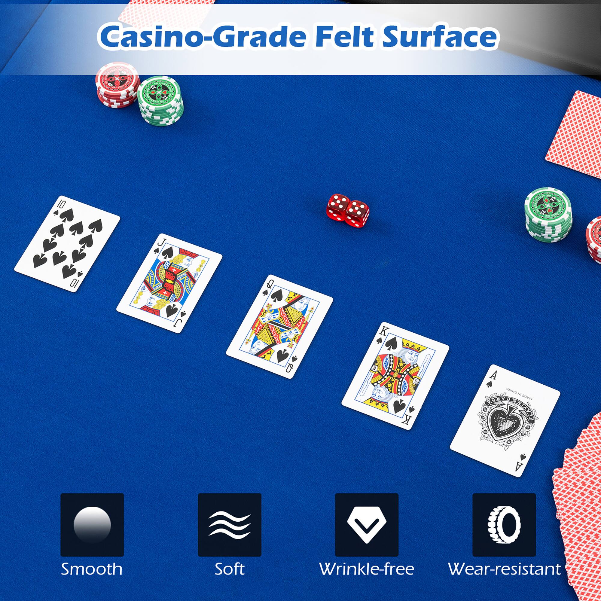 Casino-Grade Felt Surface

- Smooth
- Soft
- Wrinkle-free
- Wear-resistant