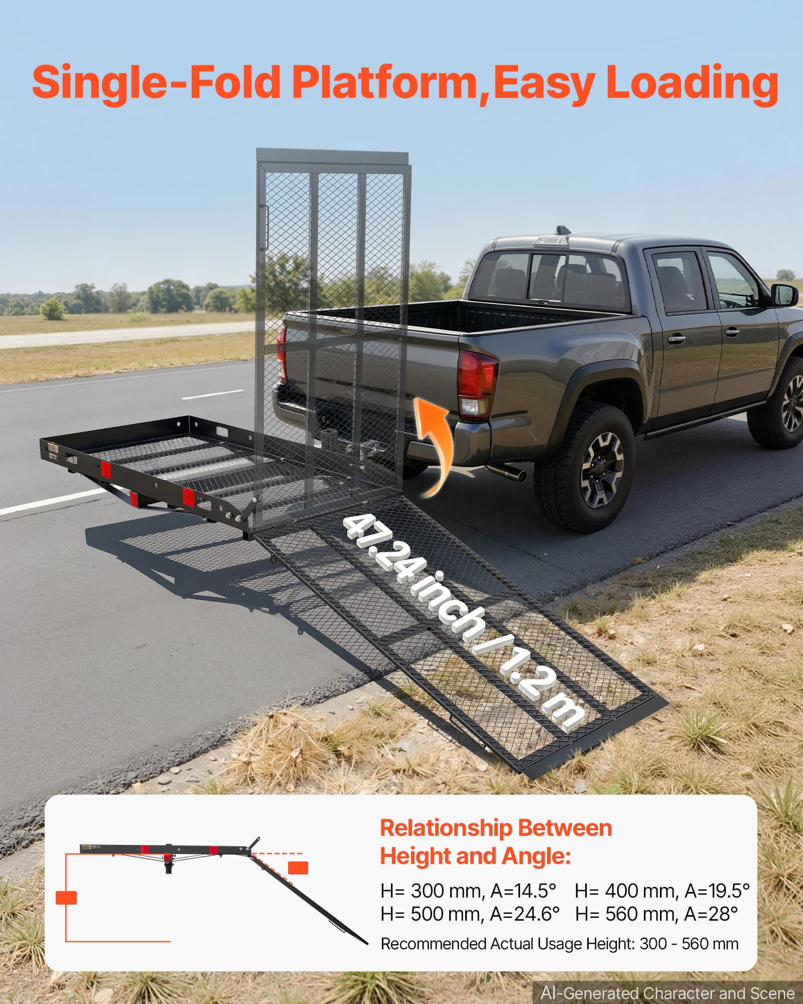 Single-Fold Platform, Easy Loading

47.24 inch/1.2m

Relationship Between Height and Angle:
H= 300 mm, A=14.5°
H= 400 mm, A=19.5°
H= 500 mm, A=24.6°
H= 560 mm, A=28°

Recommended Actual Usage Height: 300 - 560 mm

AI-Generated Character and Scene
