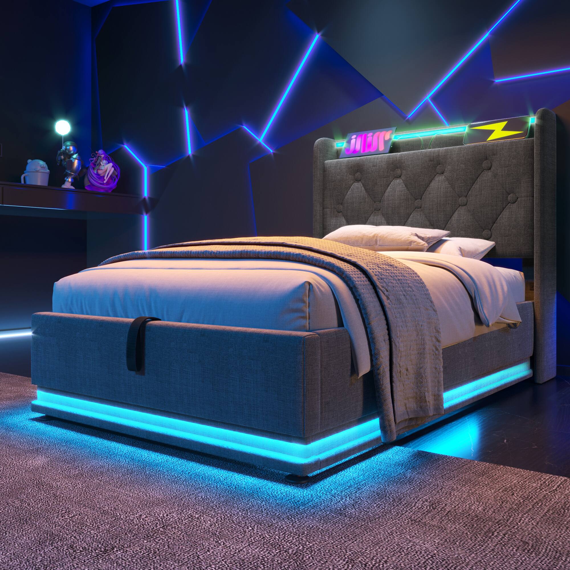 Angle. GOODSILO - Twin Size Upholstered Bed Frame with LED Lighting and Hydraulic Storage - Gray.